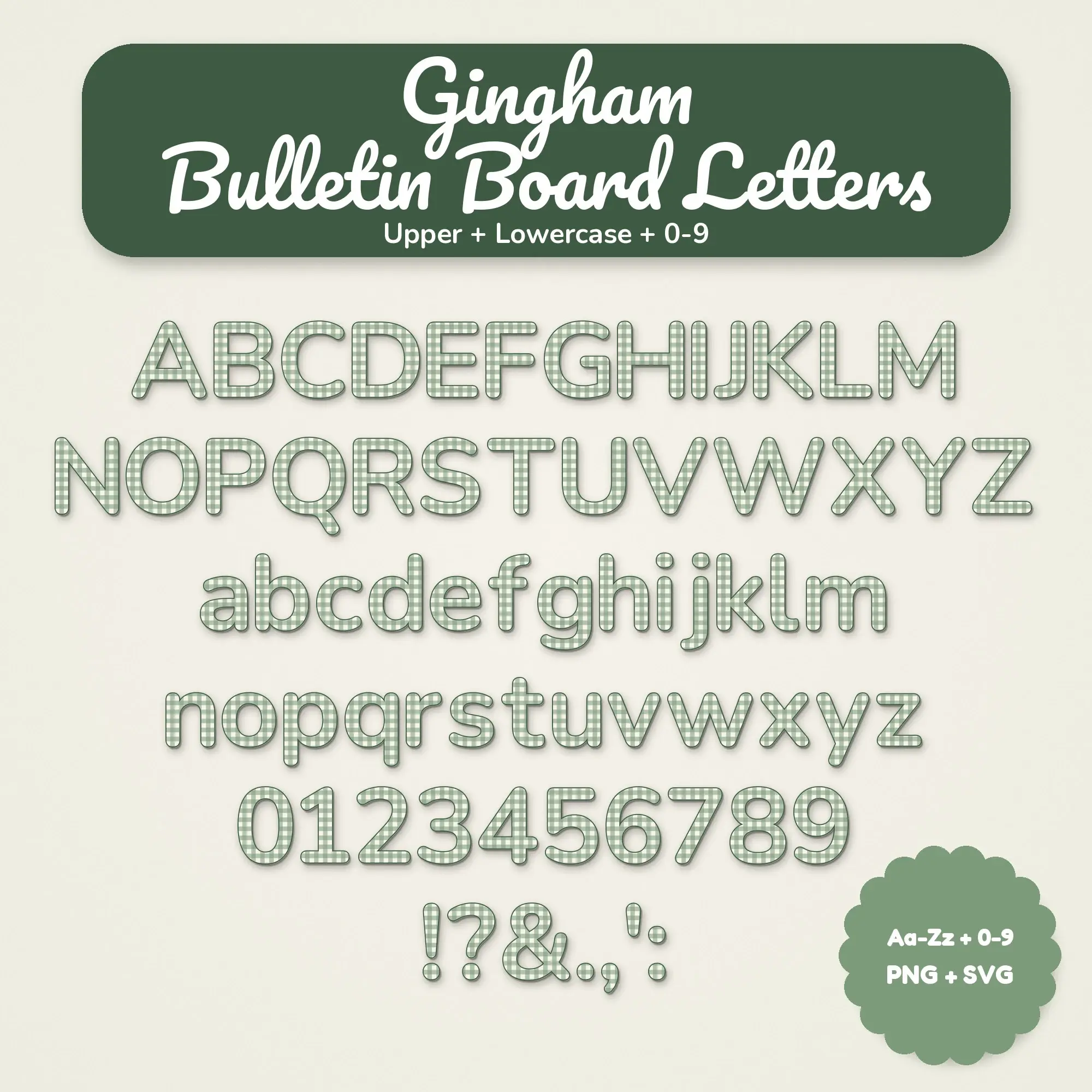 Gingham Bulletin Board Letter Set - Sage and Cream, Upper + Lowercase preview