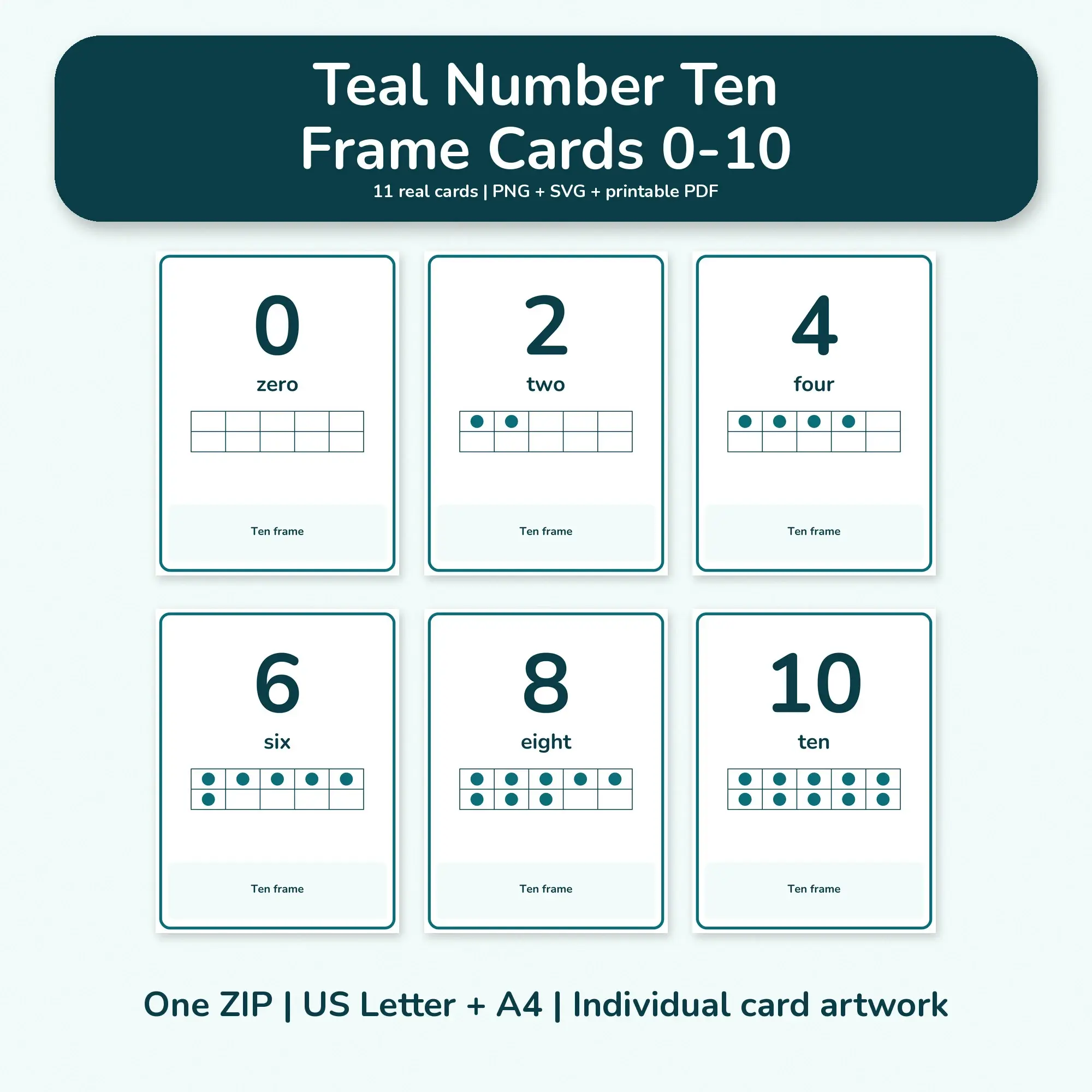 Teal Number Ten Frame Cards 0-10 - PNG SVG PDF preview