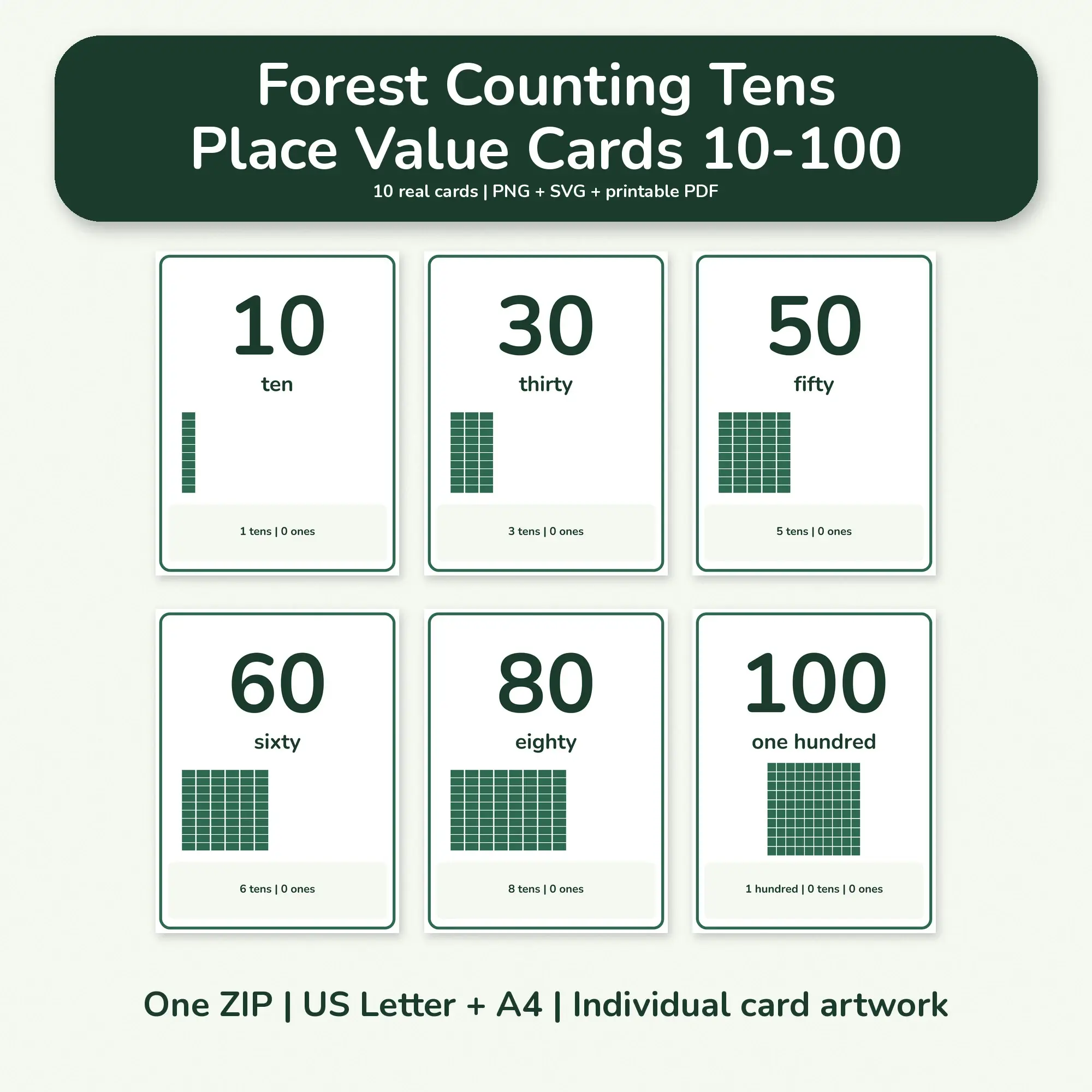 Forest Counting Tens Place Value Cards 10-100 - PNG SVG PDF preview