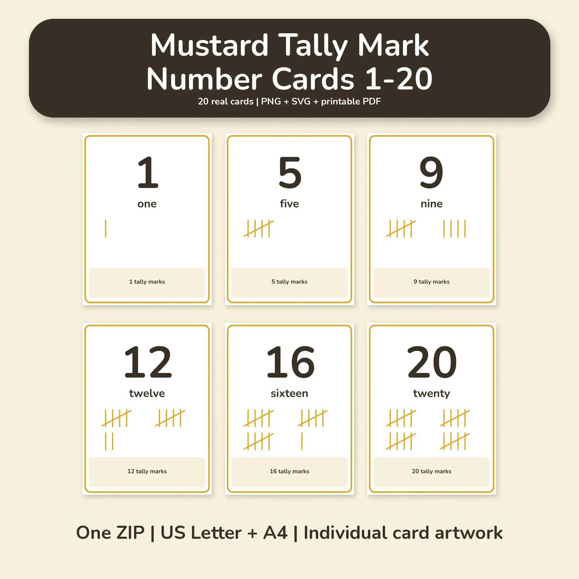 Mustard Tally Mark Number Cards 1-20 - PNG SVG PDF preview