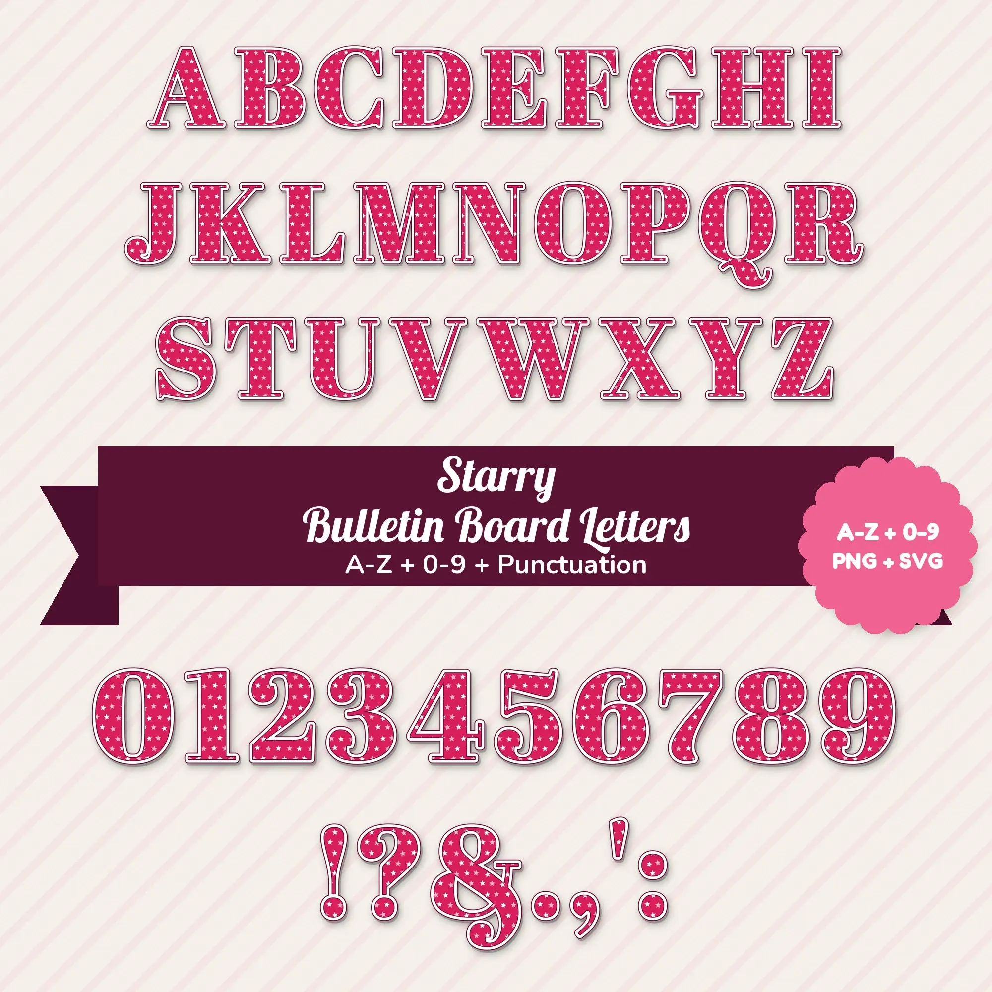 Berry Pink Starry Bulletin Board Letters - A-Z 0-9 PNG SVG preview