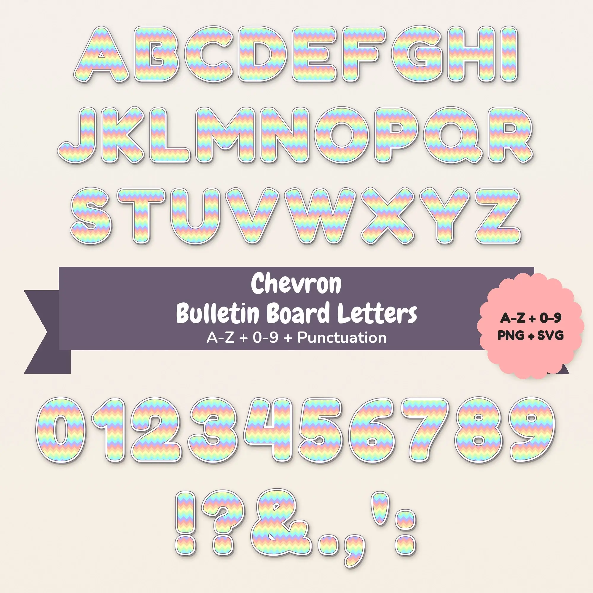 Pastel Rainbow Chevron Bulletin Board Letters - A-Z 0-9 PNG SVG preview