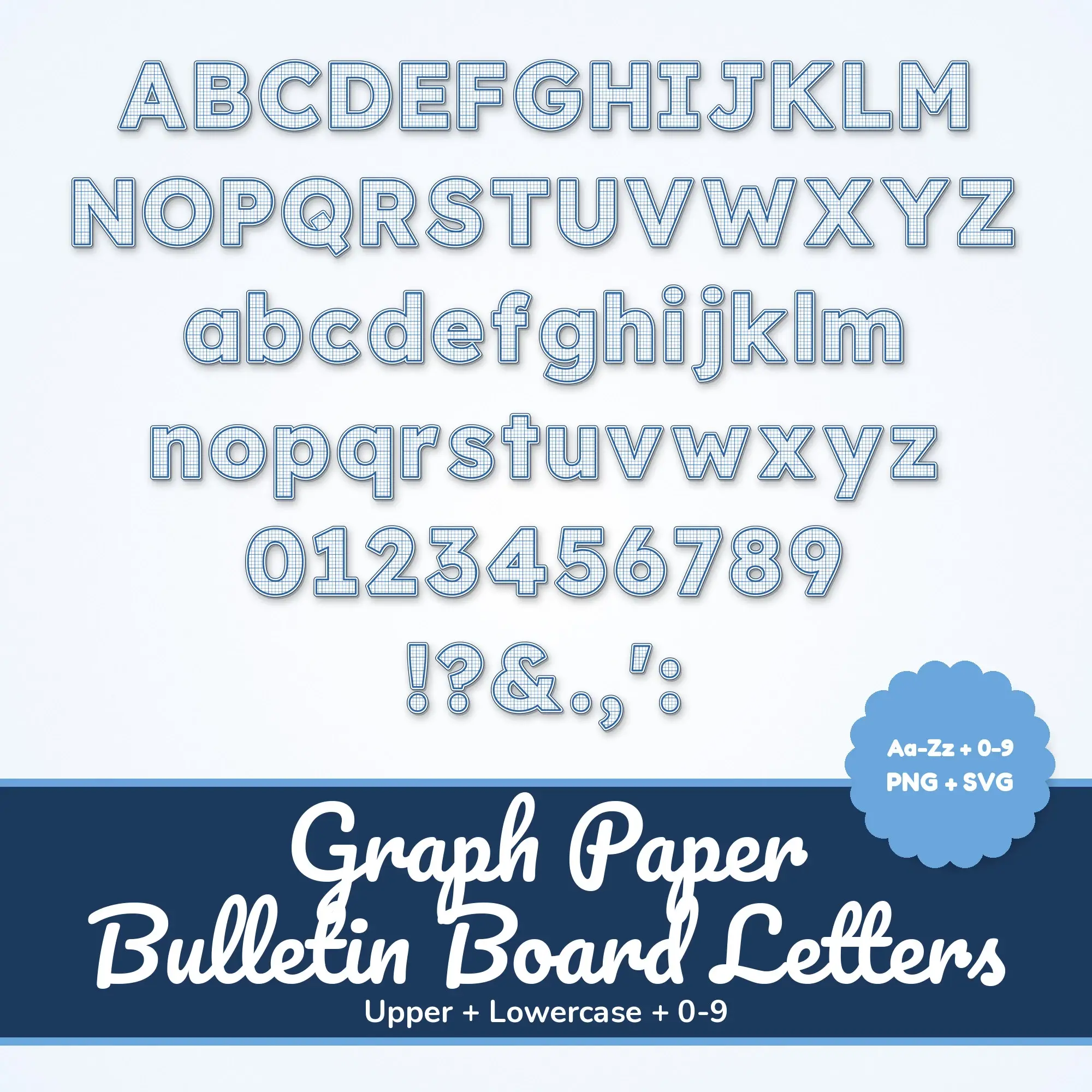 Winter Ice Blue Graph Paper Alphabet Cutout Letters & Numbers, PNG SVG PDF preview