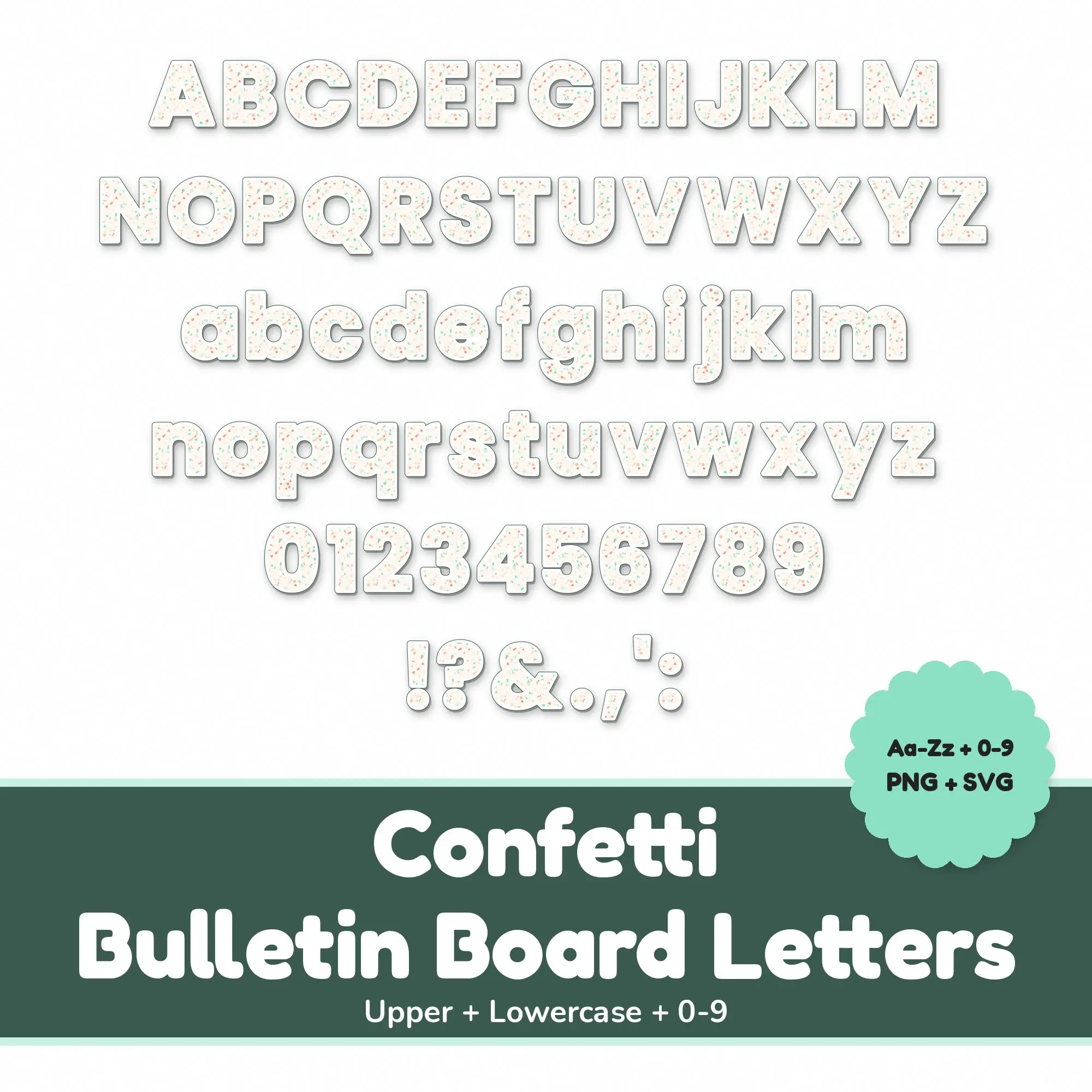 Mint and Peach Confetti Alphabet Cutout Letters & Numbers, PNG SVG PDF preview