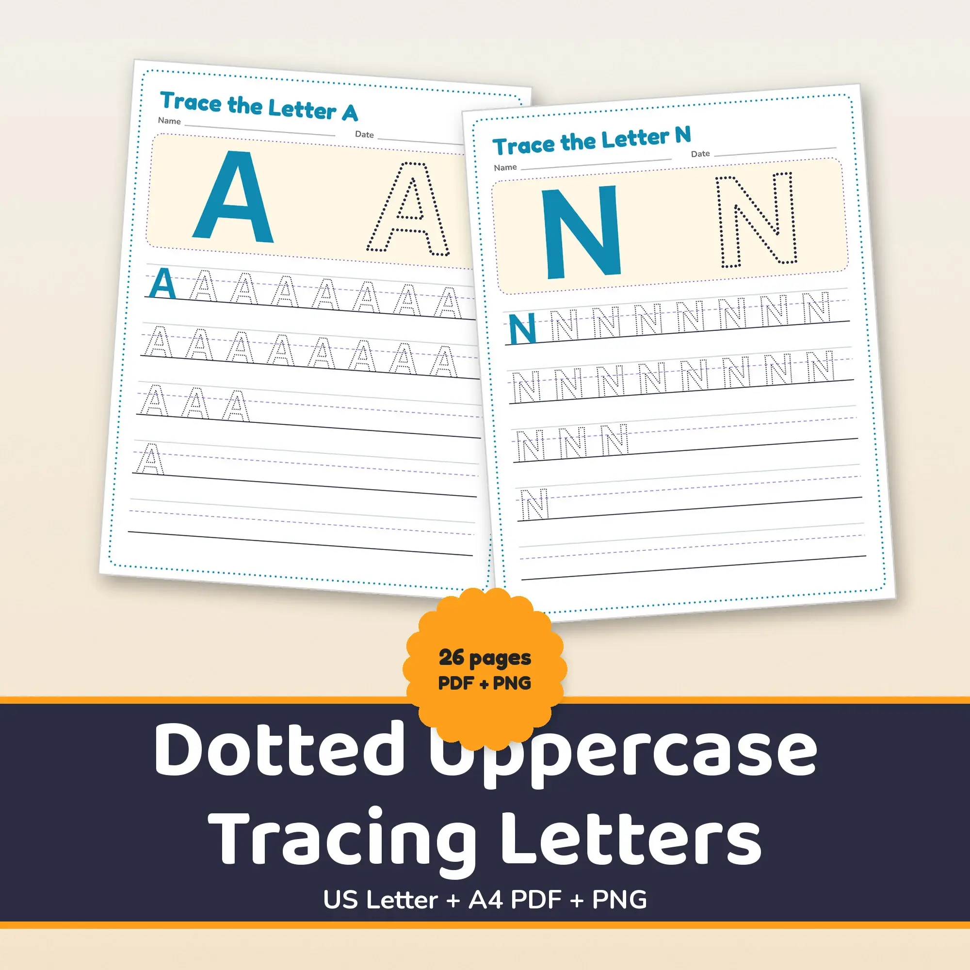 Dotted Uppercase Tracing Letters - 26 Printable Pages US Letter + A4 preview