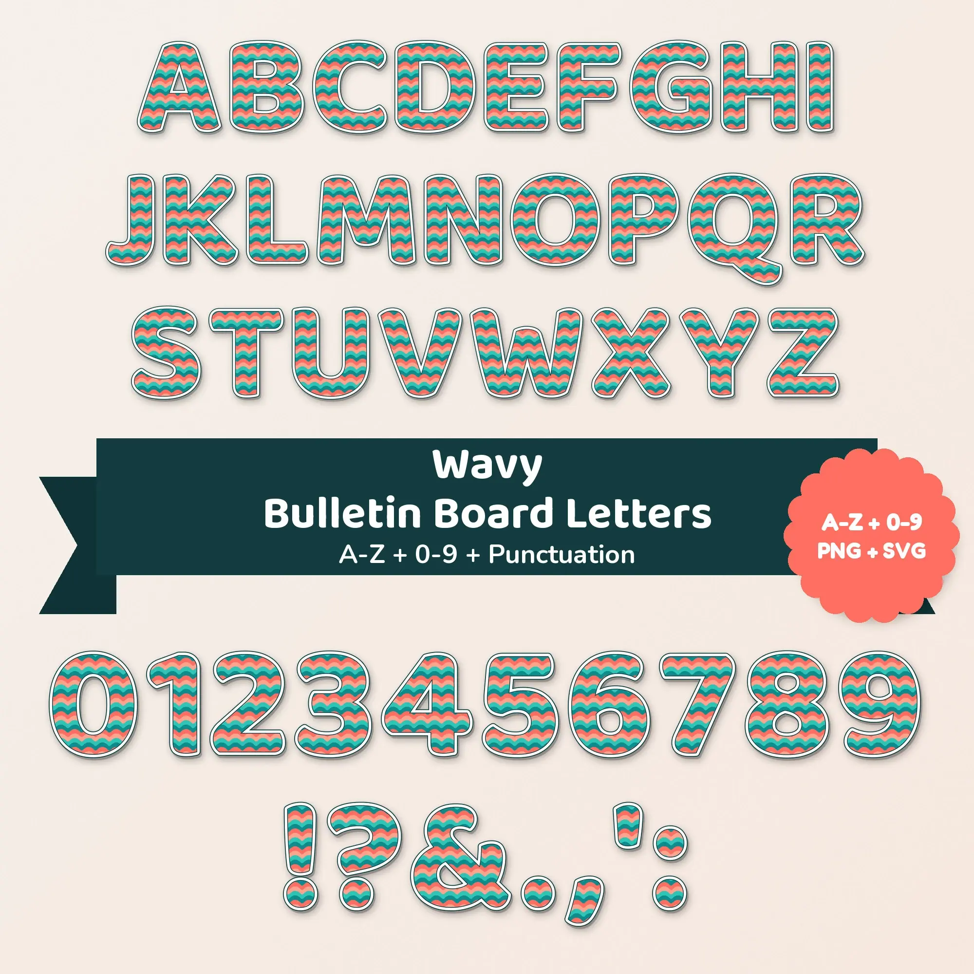 Coral Reef Wavy Bulletin Board Letters - A-Z 0-9 PNG SVG preview