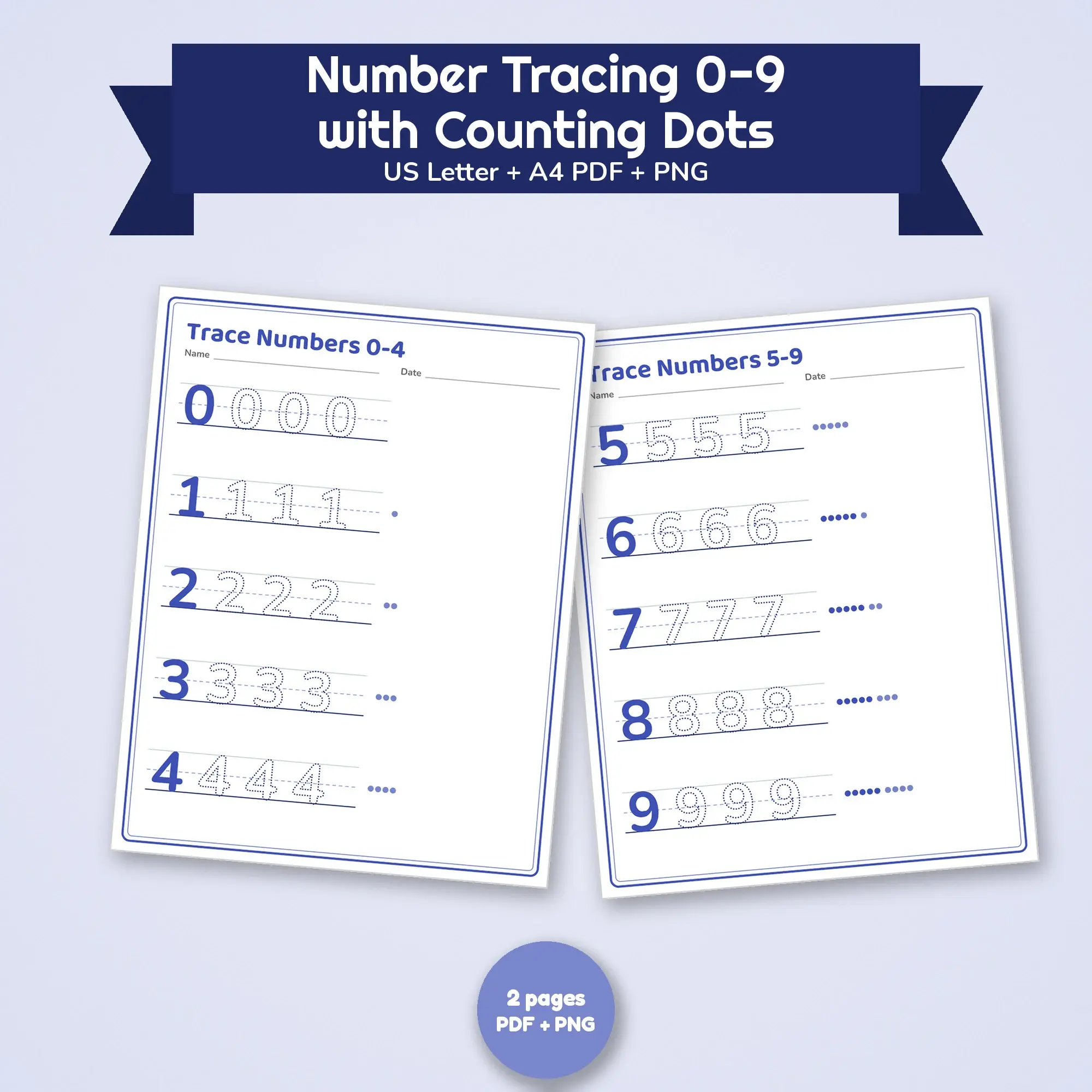 Printable Number Tracing 0-9 with Counting Dots (Blueberry Lemon) US Letter & A4 preview