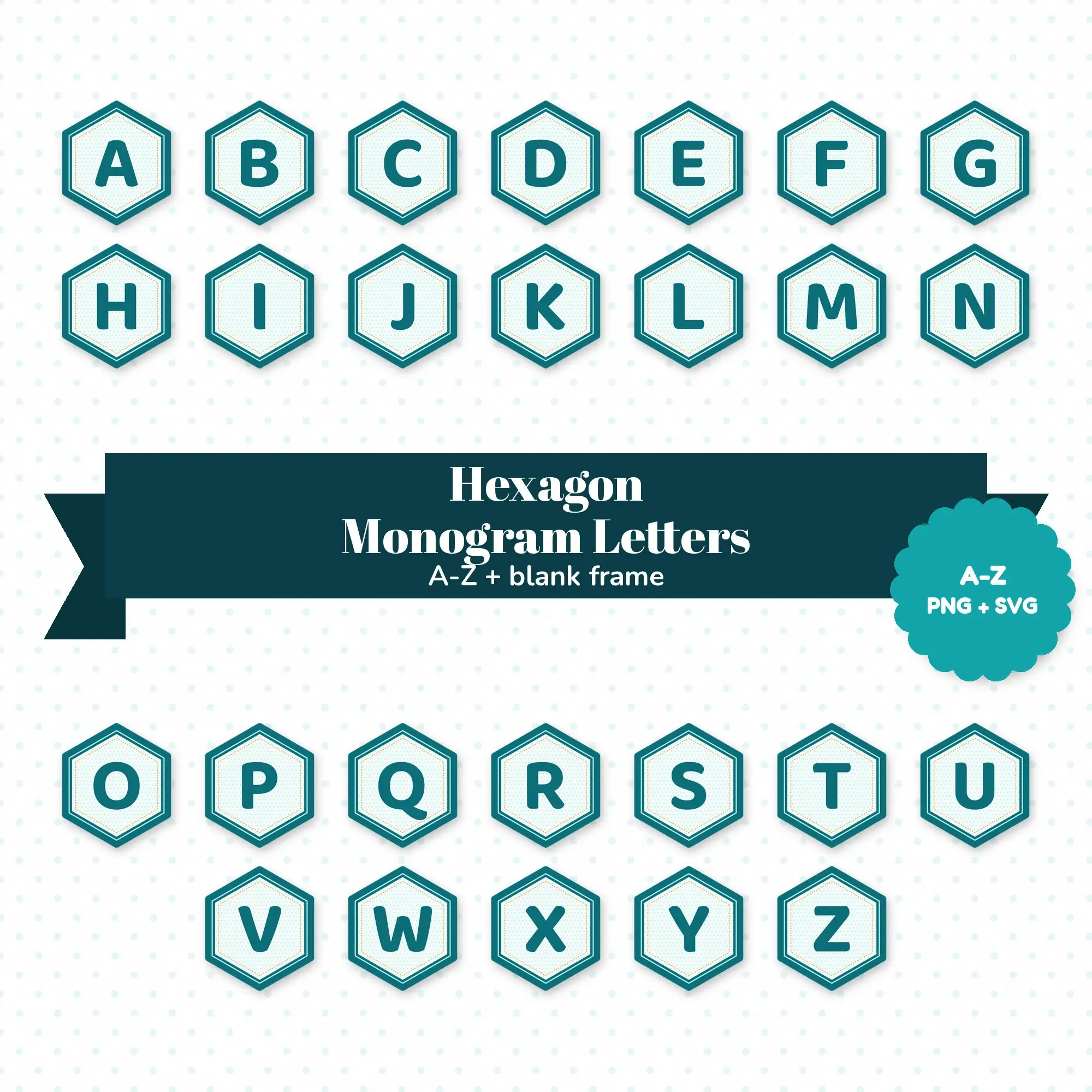 Bubbly Rounded Monogram Initials, Hexagon Frame - Ocean Teal A-Z Set preview