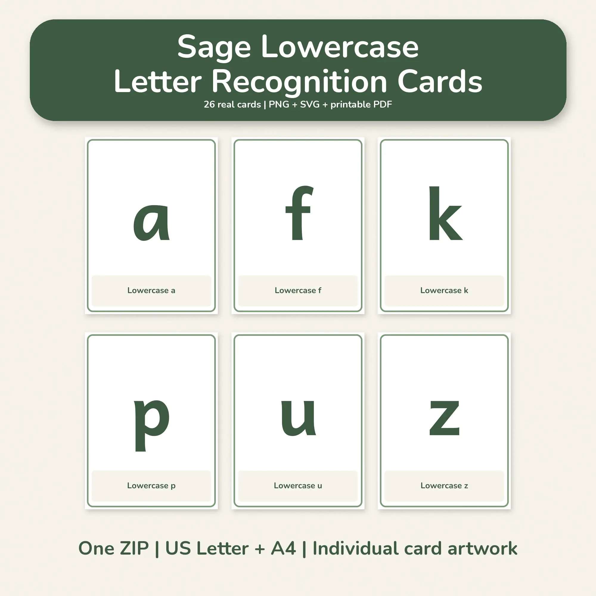 Sage Lowercase Letter Recognition Cards - PNG SVG PDF preview