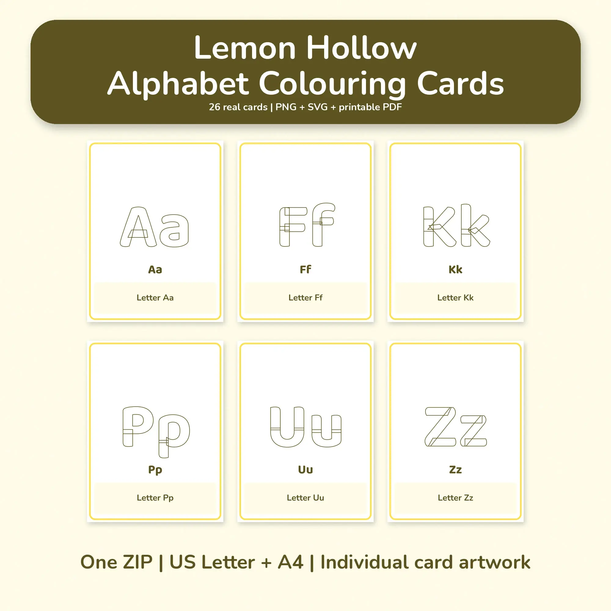 Lemon Hollow Alphabet Colouring Cards - PNG SVG PDF preview