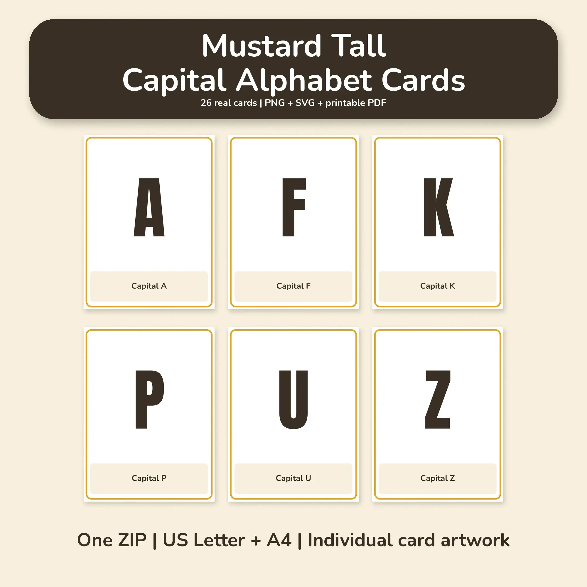 Mustard Tall Capital Alphabet Cards - PNG SVG PDF preview