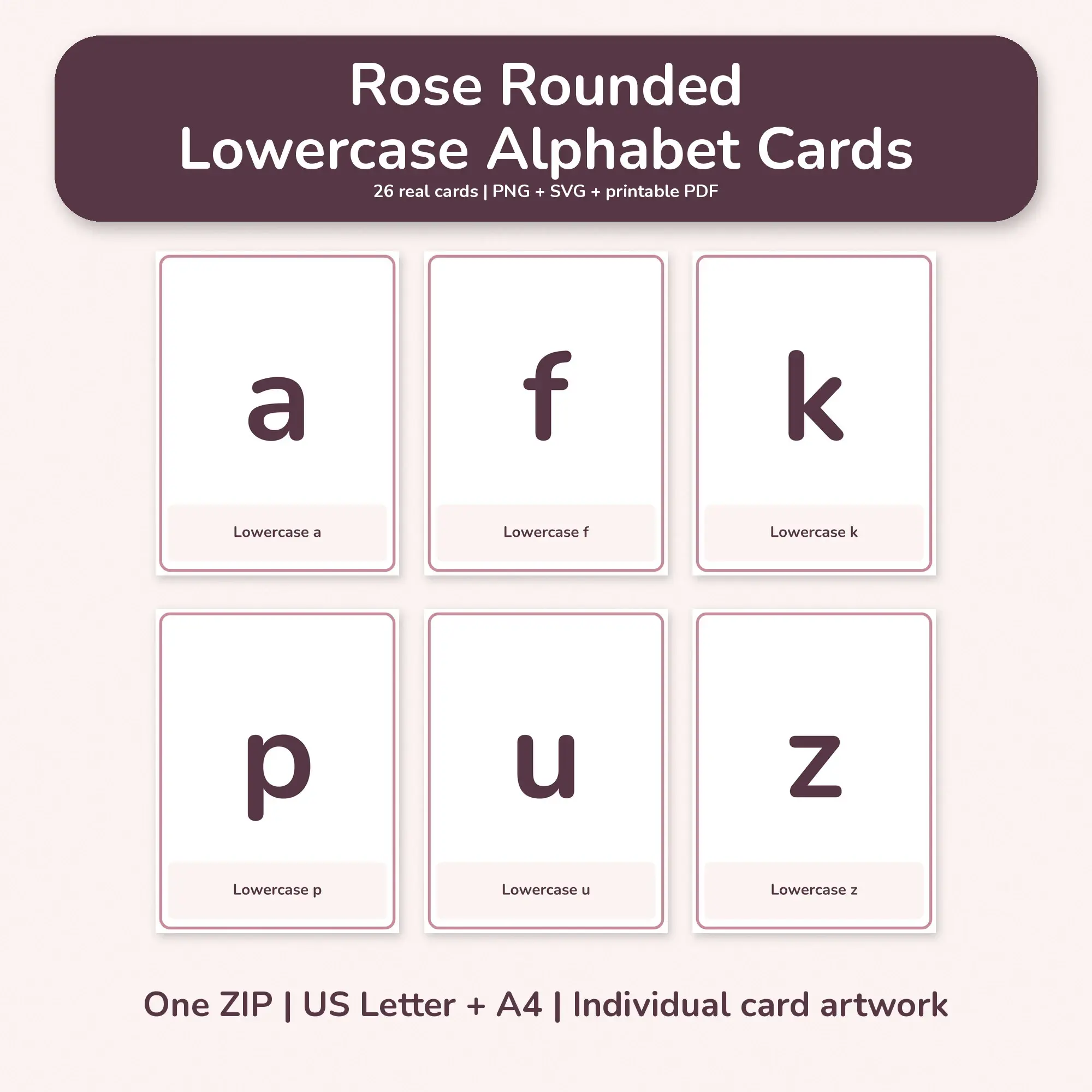 Rose Rounded Lowercase Alphabet Cards - PNG SVG PDF preview