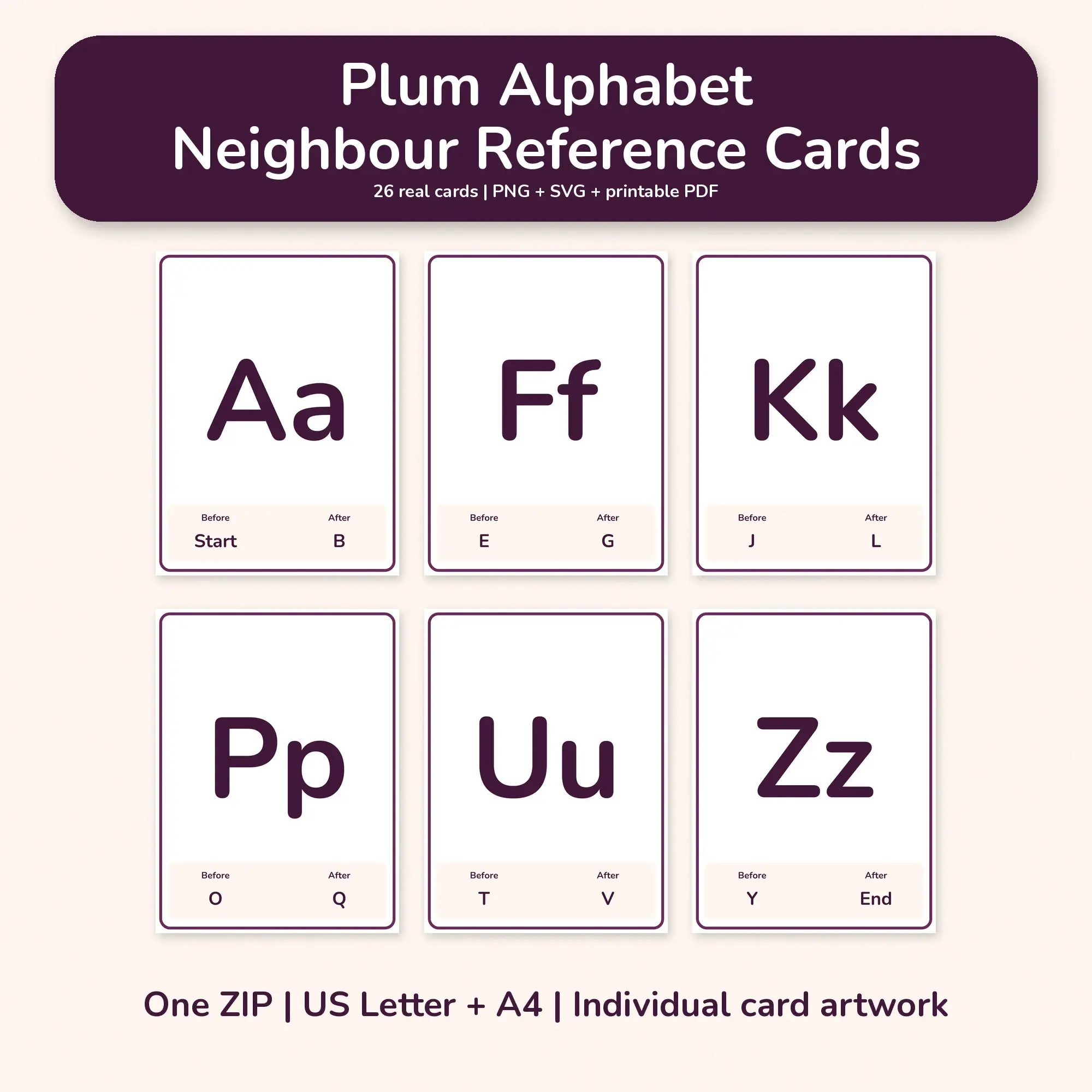 Plum Alphabet Neighbour Reference Cards - PNG SVG PDF preview
