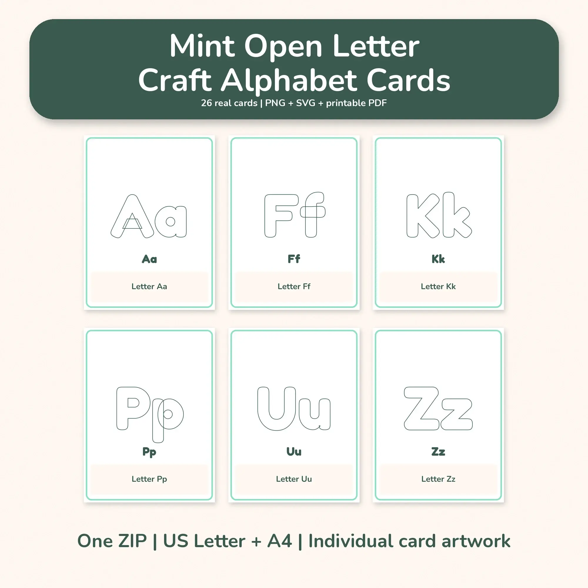 Mint Open Letter Craft Alphabet Cards - PNG SVG PDF preview