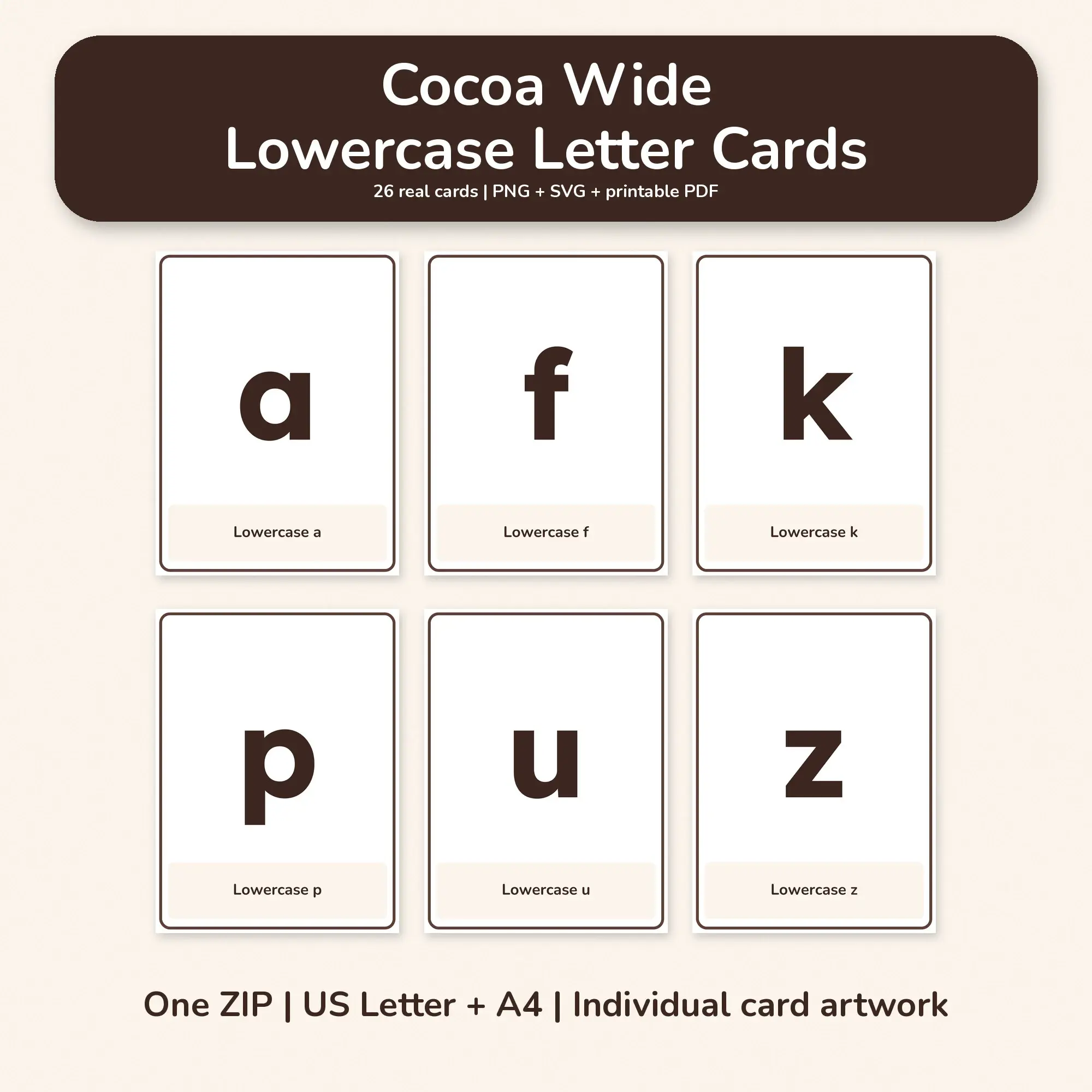 Cocoa Wide Lowercase Letter Cards - PNG SVG PDF preview