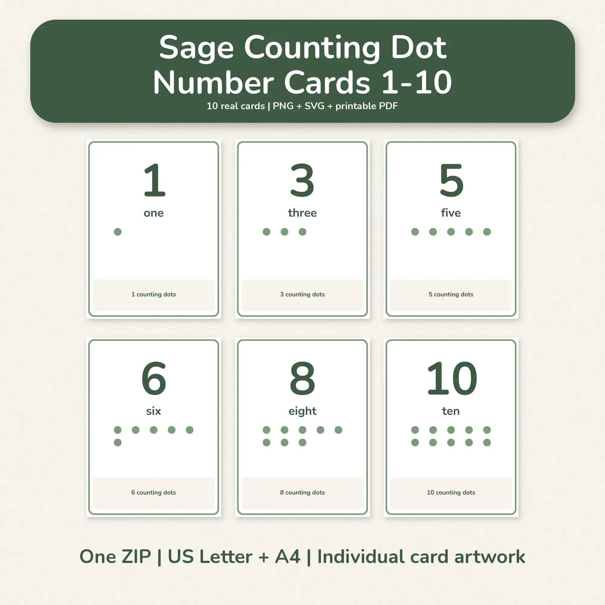 Sage Counting Dot Number Cards 1-10 - PNG SVG PDF preview
