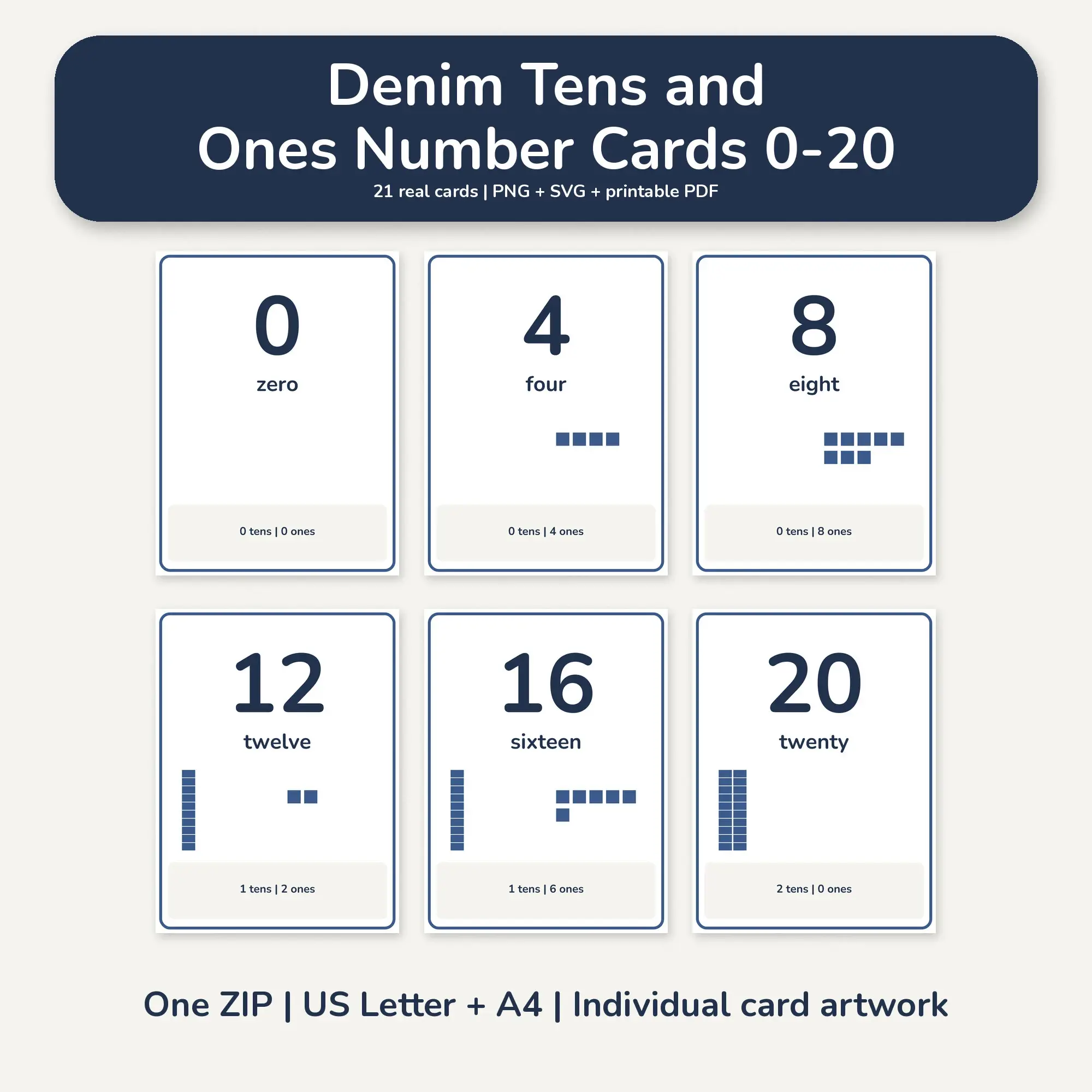 Denim Tens and Ones Number Cards 0-20 - PNG SVG PDF preview
