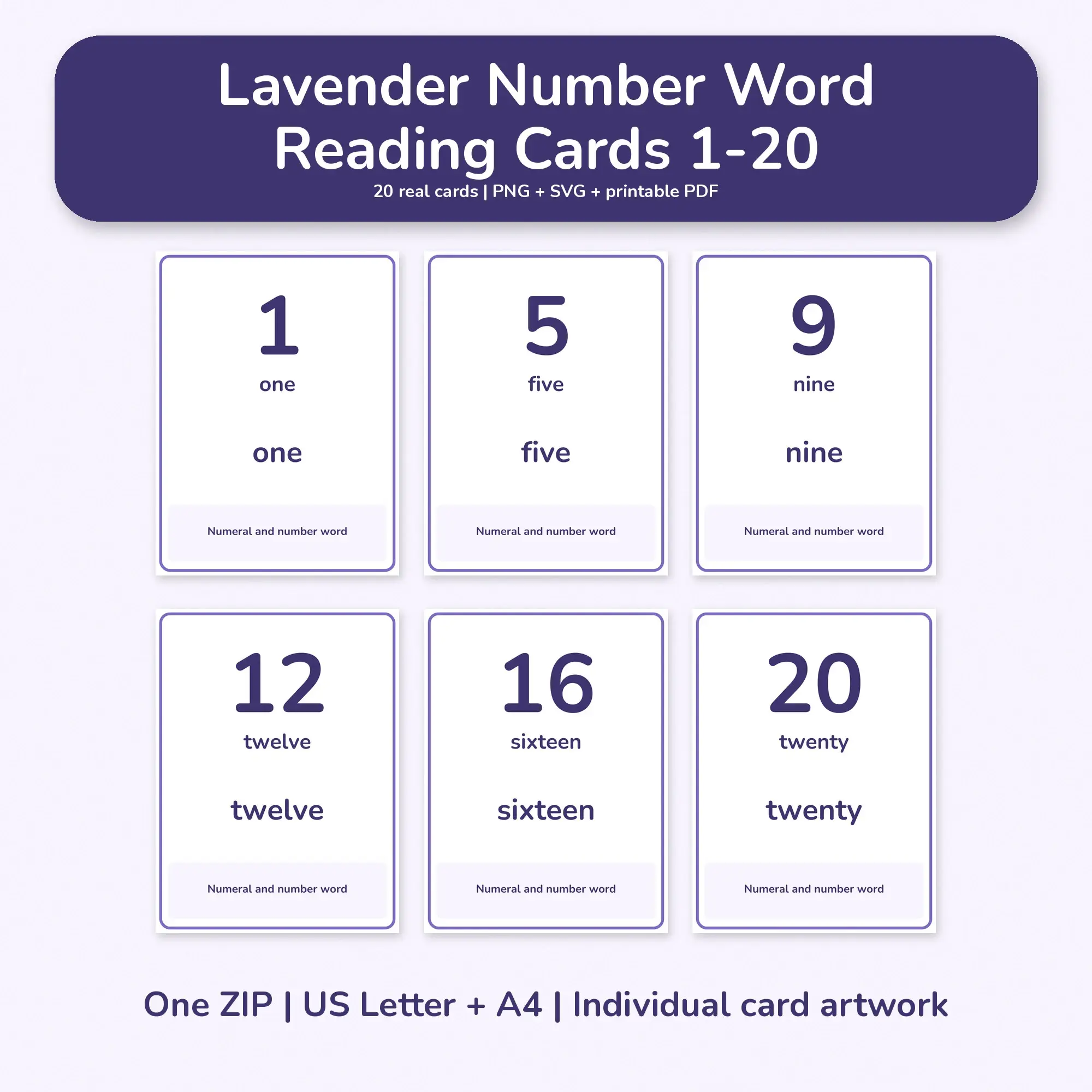 Lavender Number Word Reading Cards 1-20 - PNG SVG PDF preview