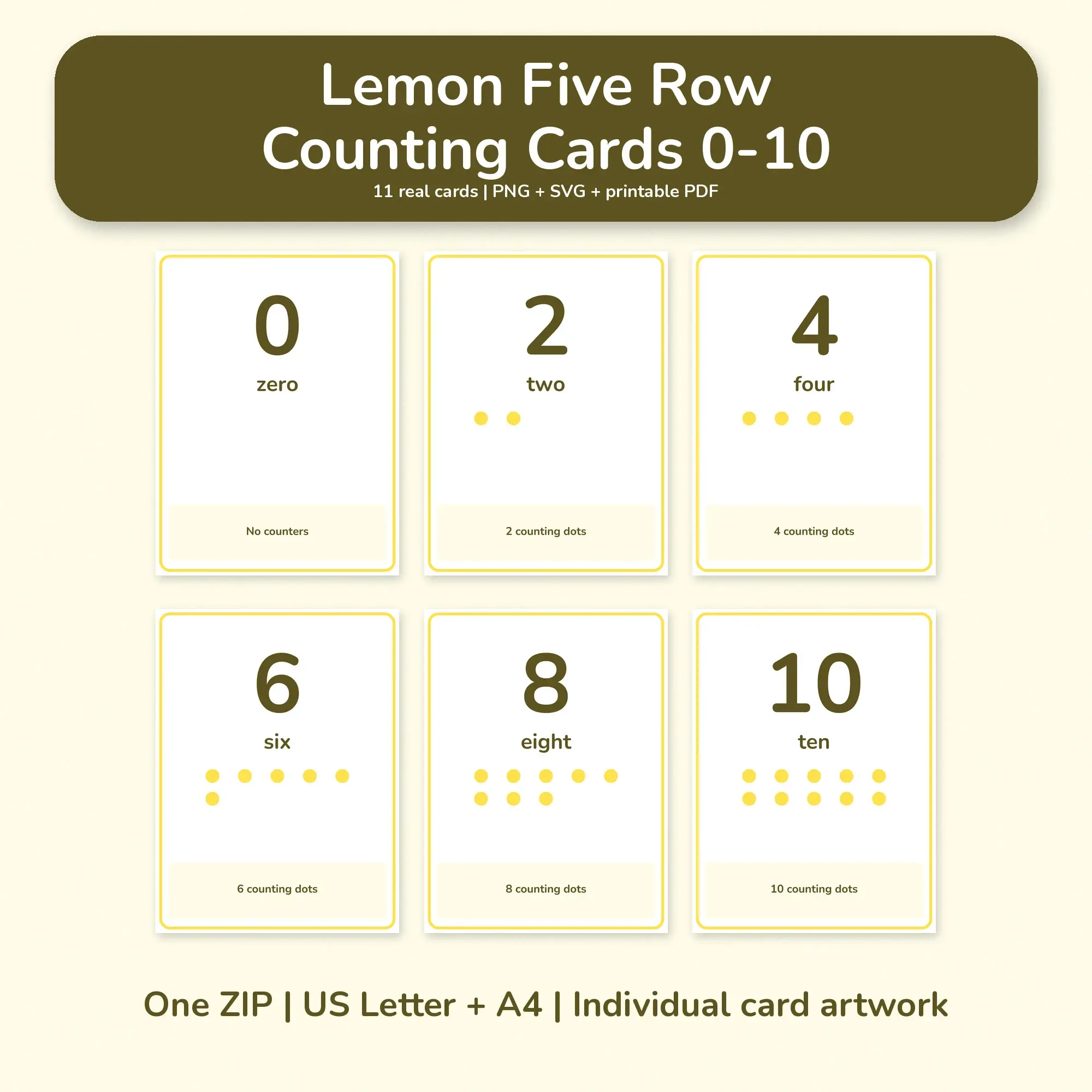 Lemon Five Row Counting Cards 0-10 - PNG SVG PDF preview