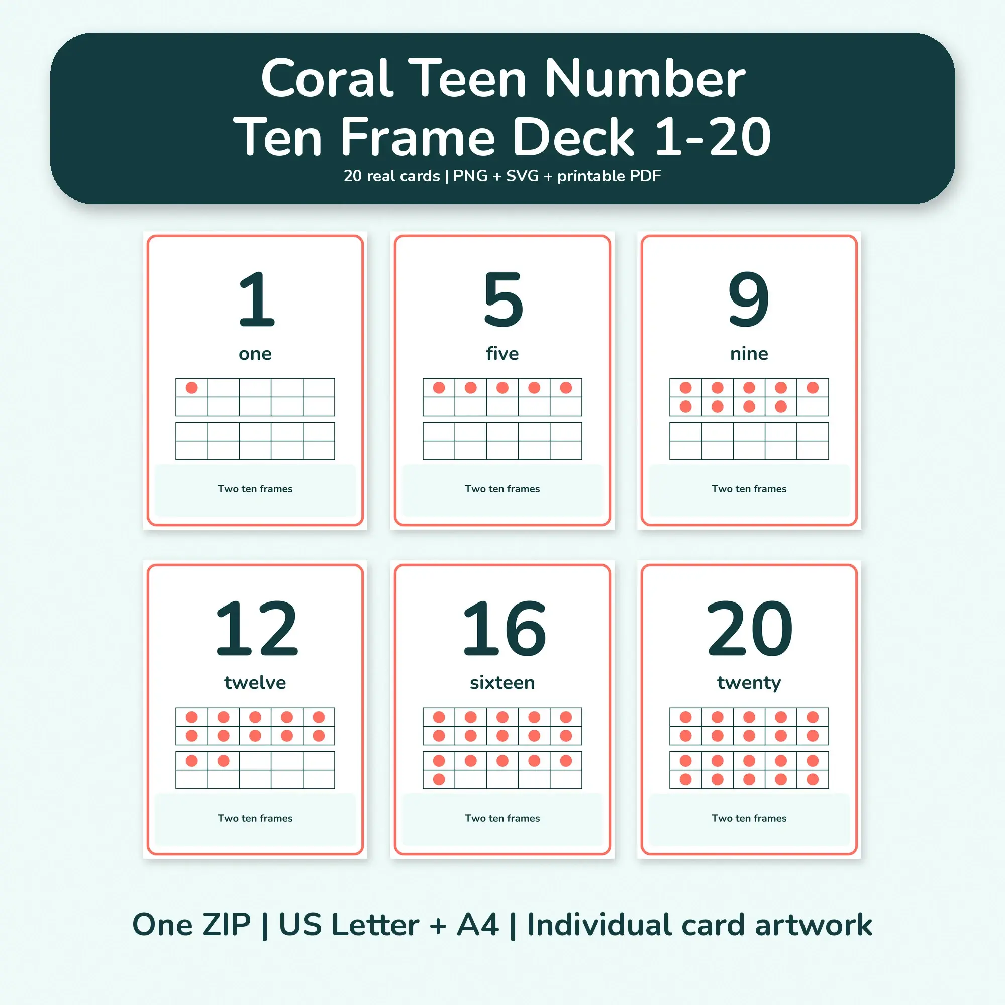 Coral Teen Number Ten Frame Deck 1-20 - PNG SVG PDF preview