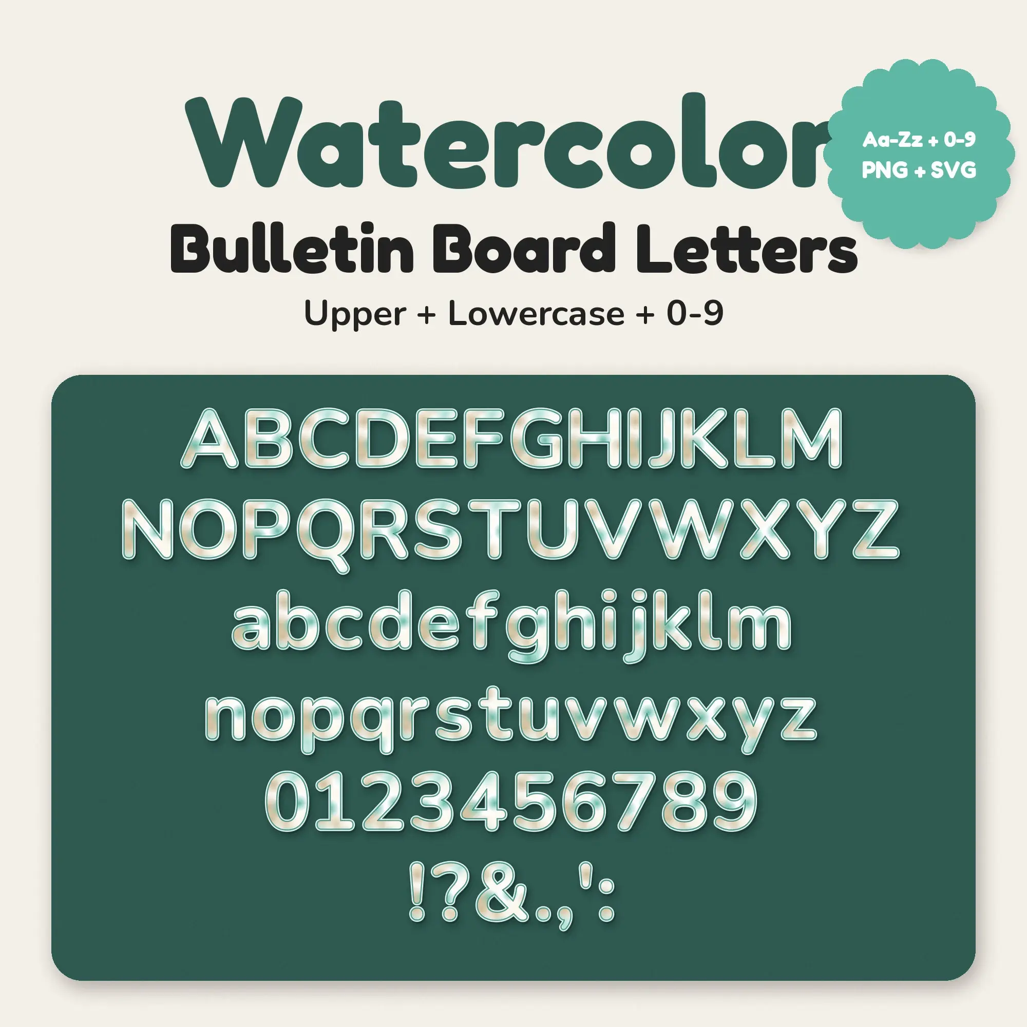 Watercolor Classroom Display Letters in Seafoam Sand - Upper + Lowercase preview