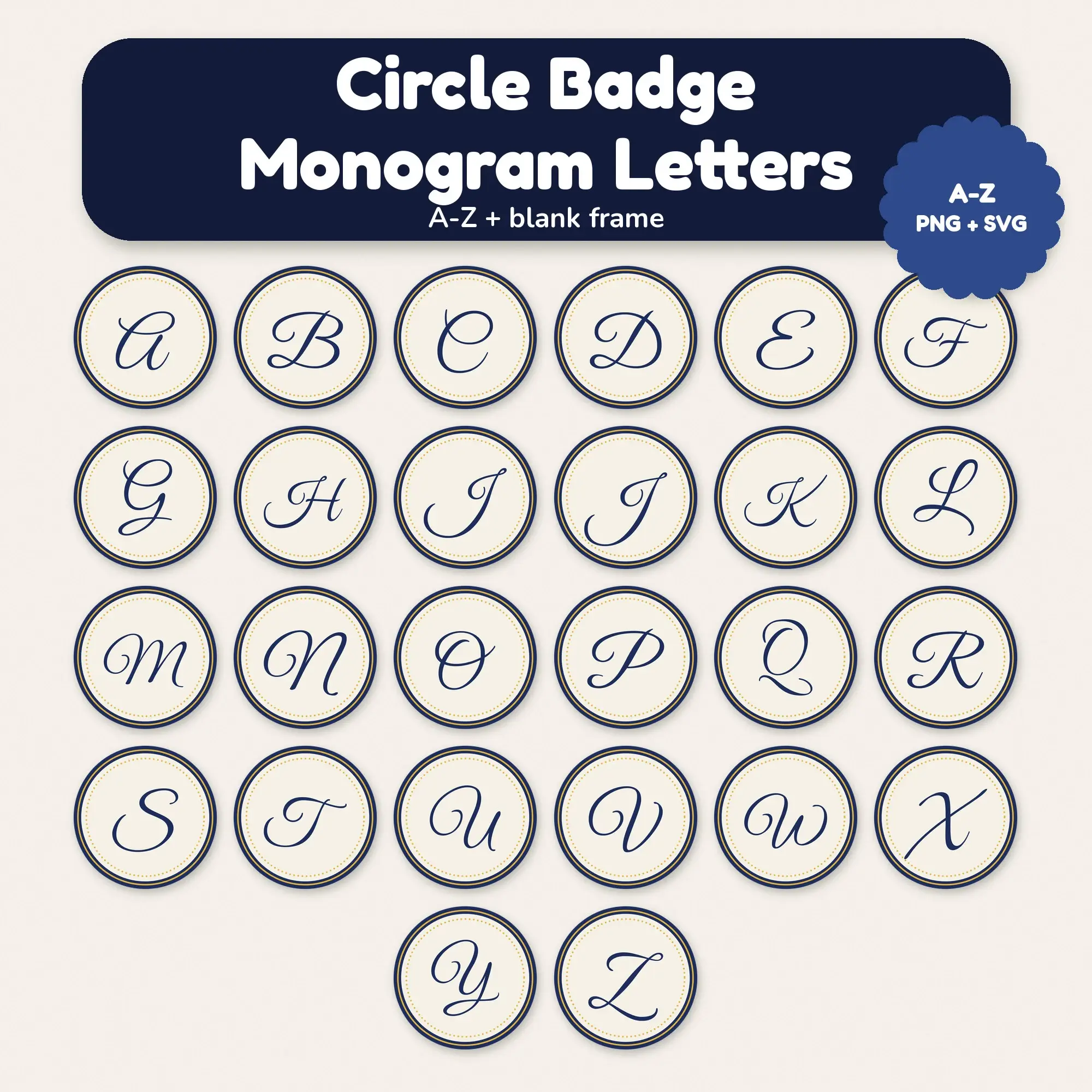 Navy and Gold Circle Badge Monogram Letters A-Z - PNG SVG preview