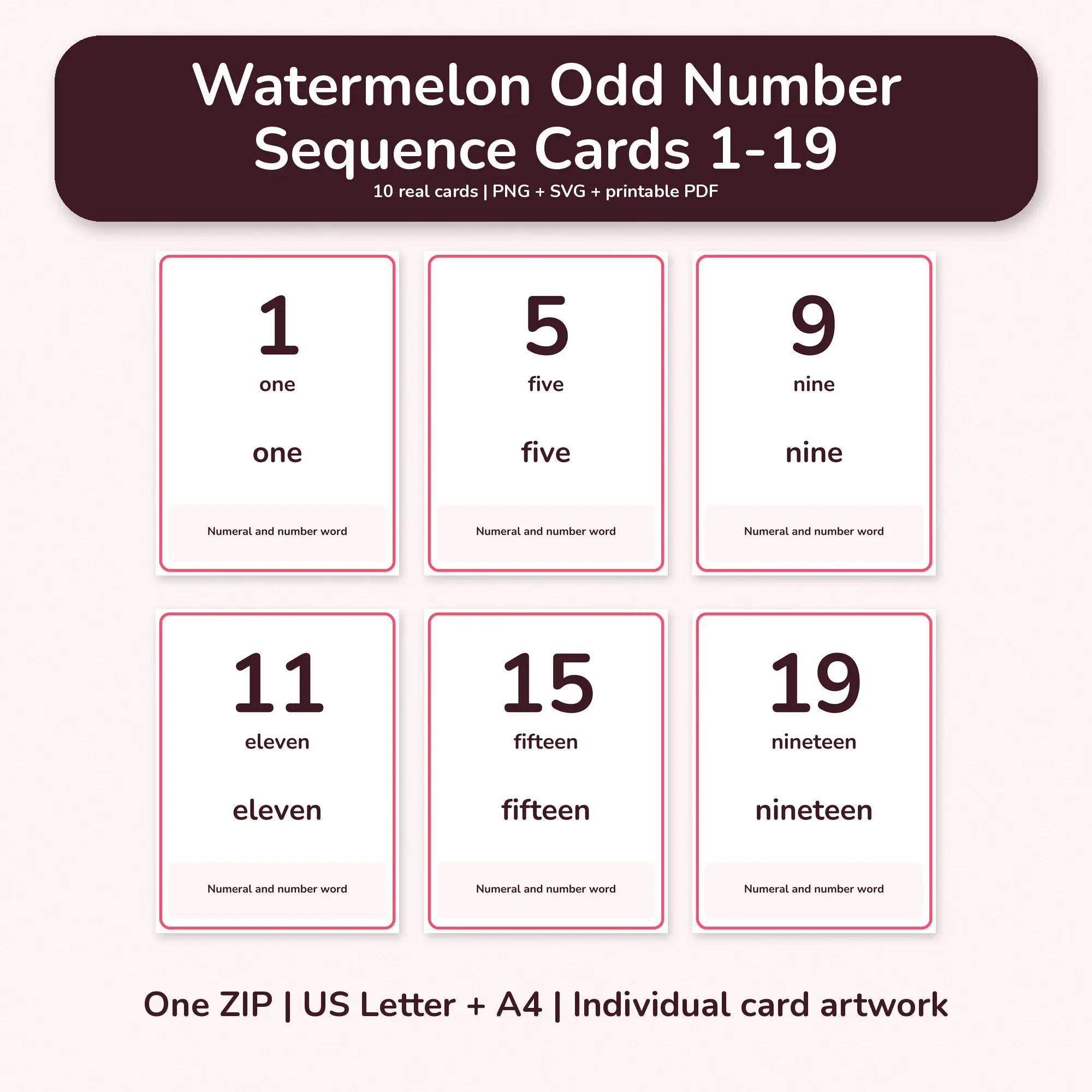 Watermelon Odd Number Sequence Cards 1-19 - PNG SVG PDF preview