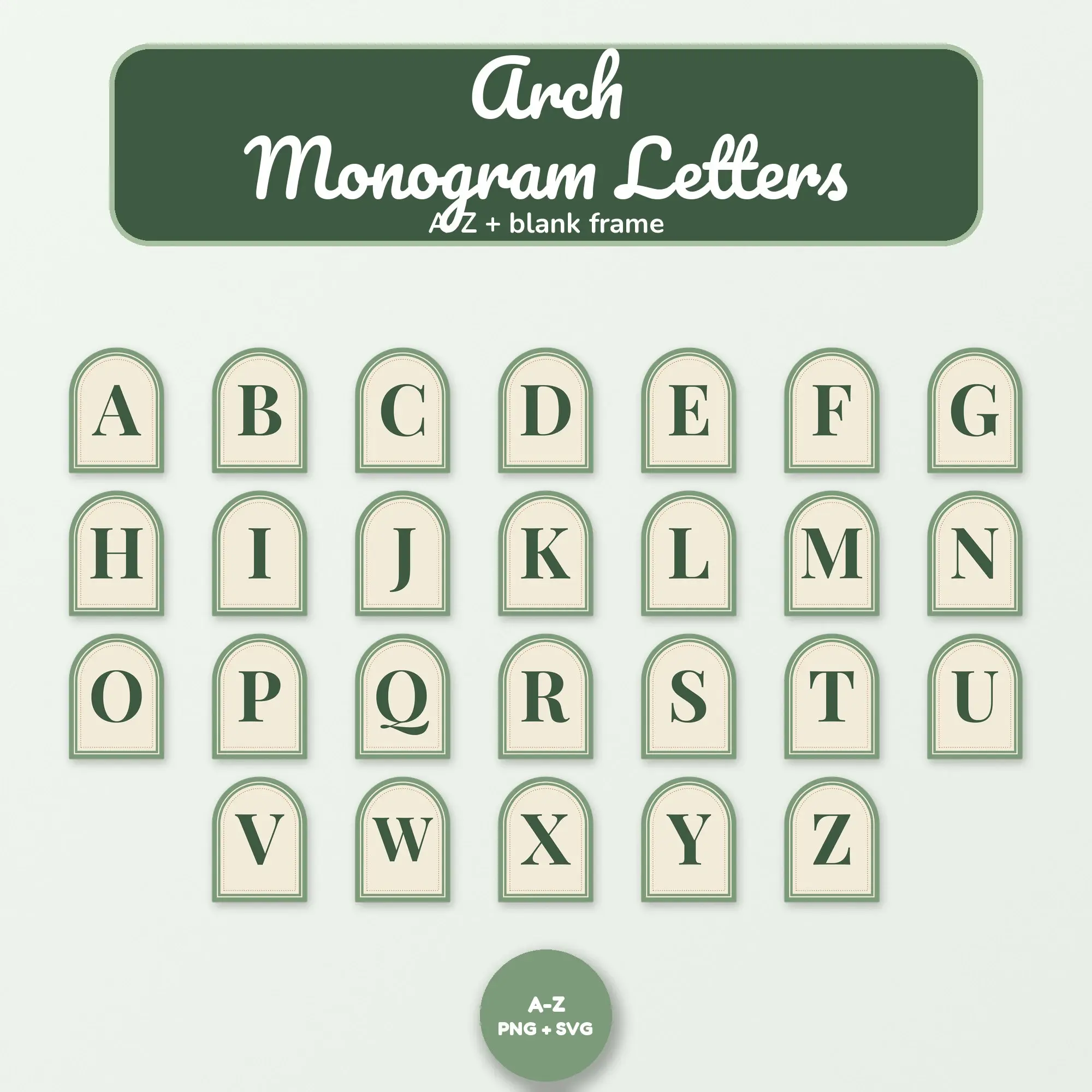 A-Z Monogram Frames: Sage and Cream Arch Initials, PNG + SVG preview