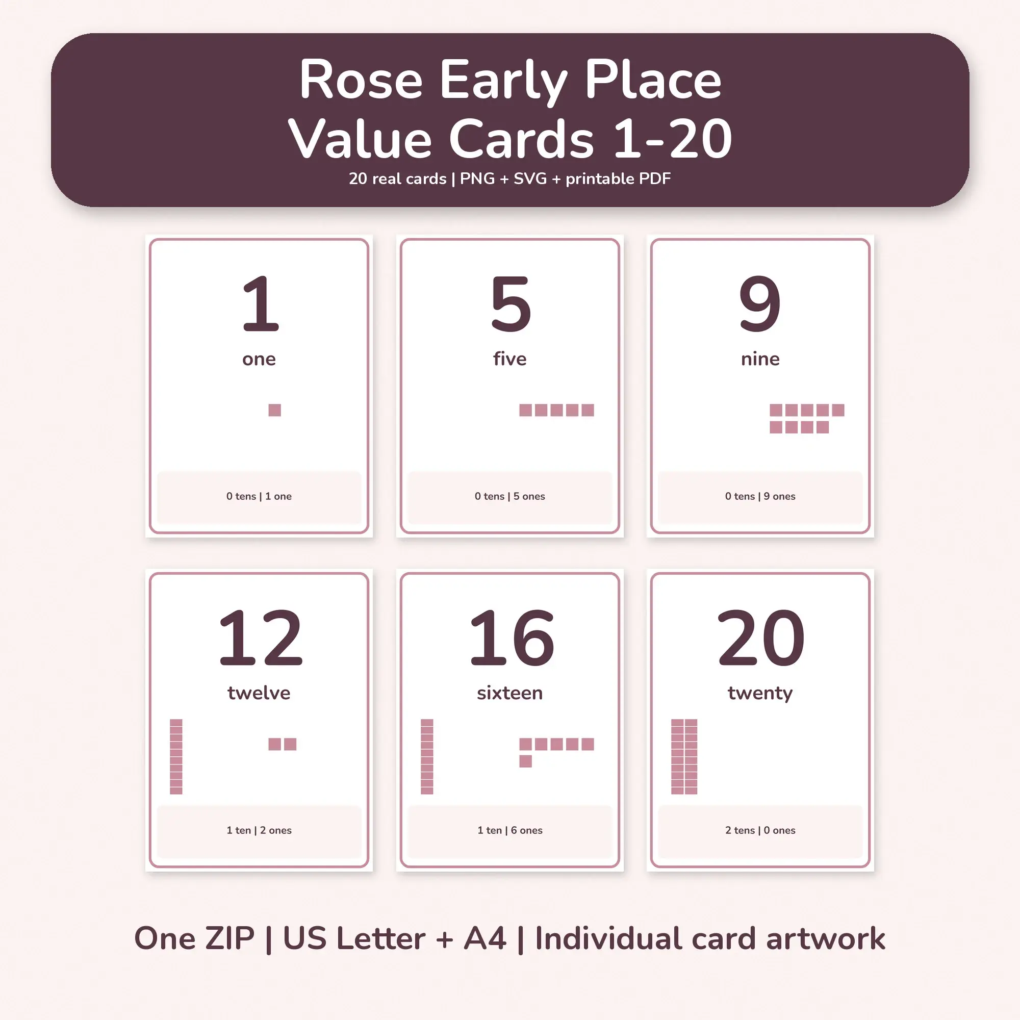 Rose Early Place Value Cards 1-20 - PNG SVG PDF preview