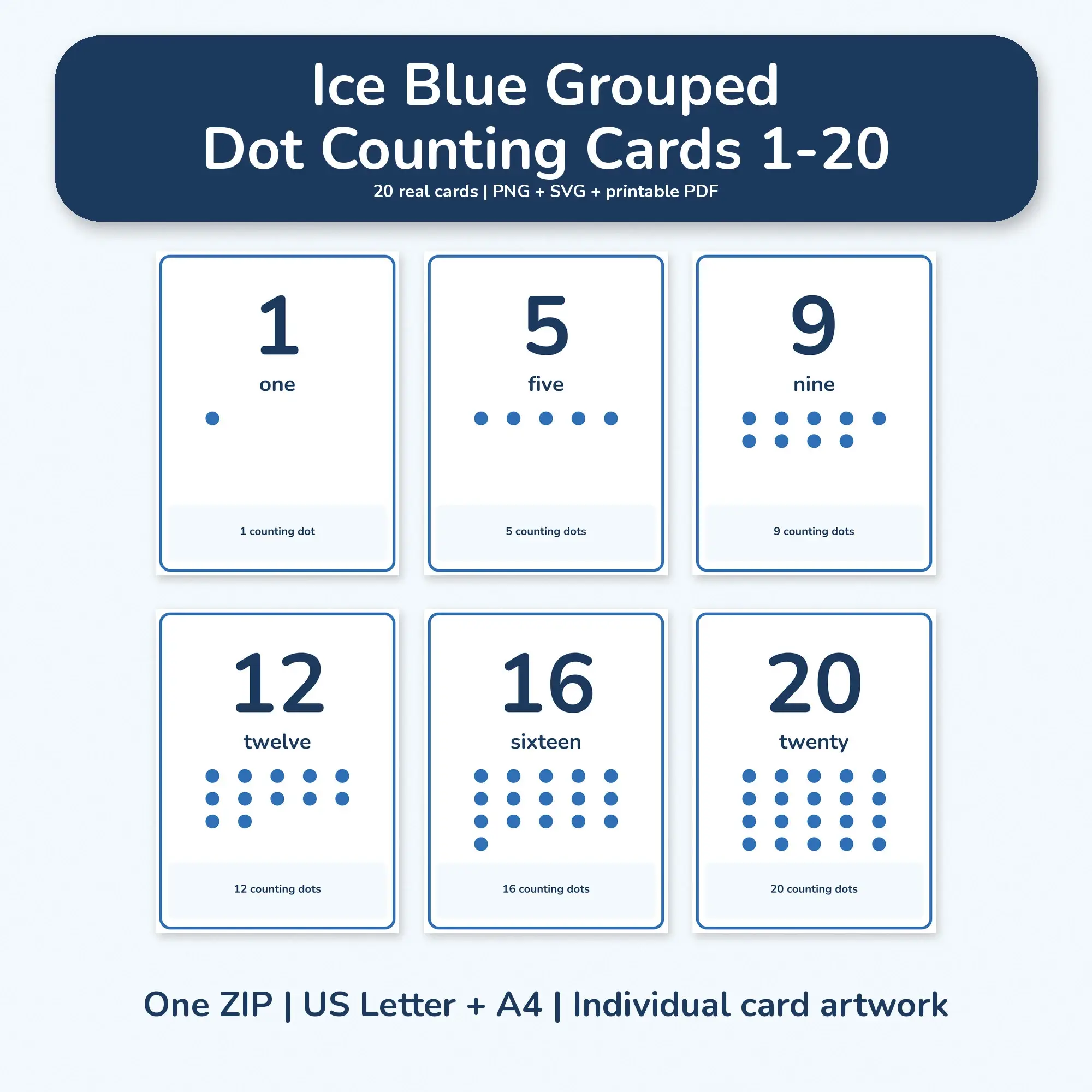 Ice Blue Grouped Dot Counting Cards 1-20 - PNG SVG PDF preview