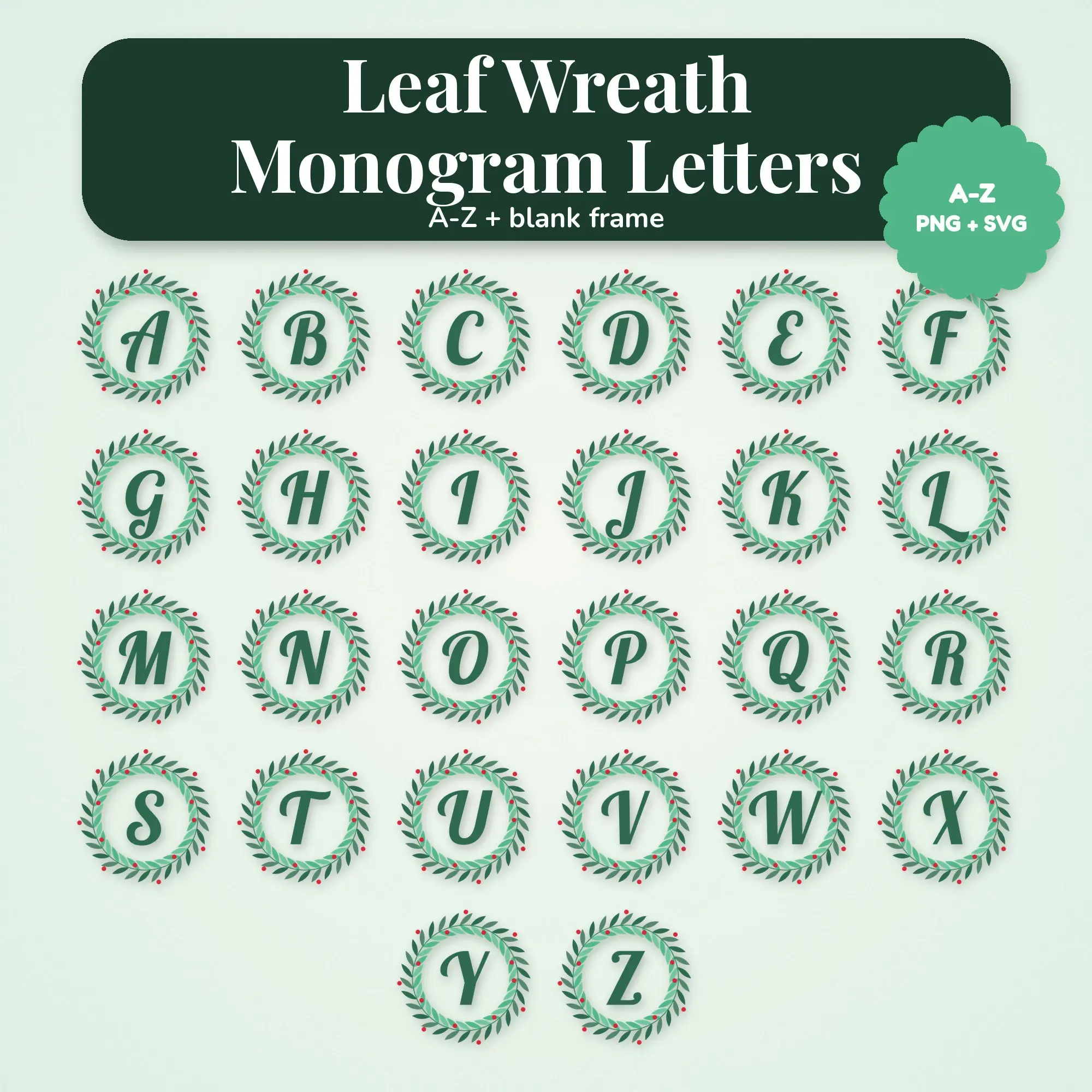 Forest and Berry Leaf Wreath Monogram Letters A-Z - PNG SVG preview