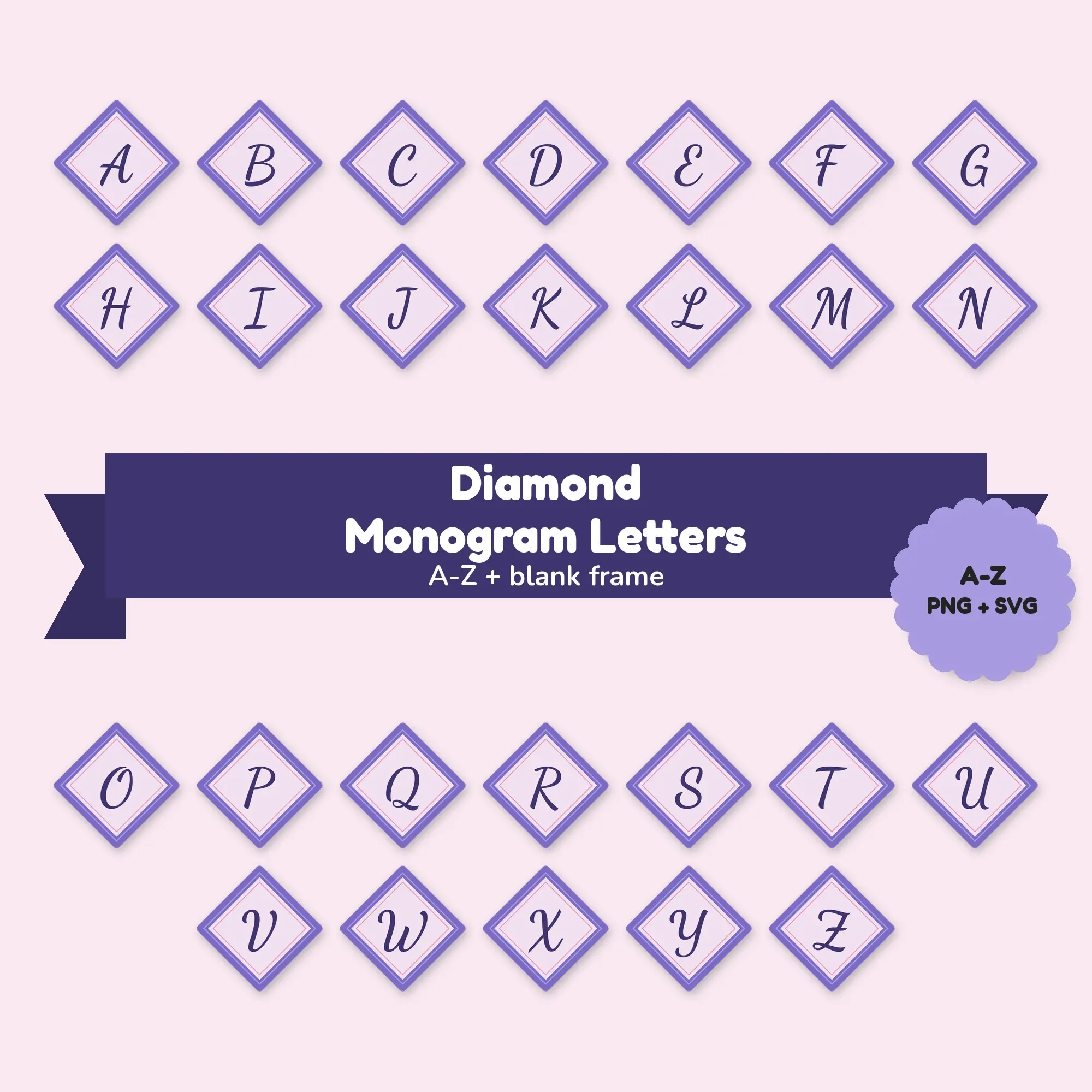 Lively Script Monogram Initials, Diamond Frame - Lavender Lilac A-Z Set preview