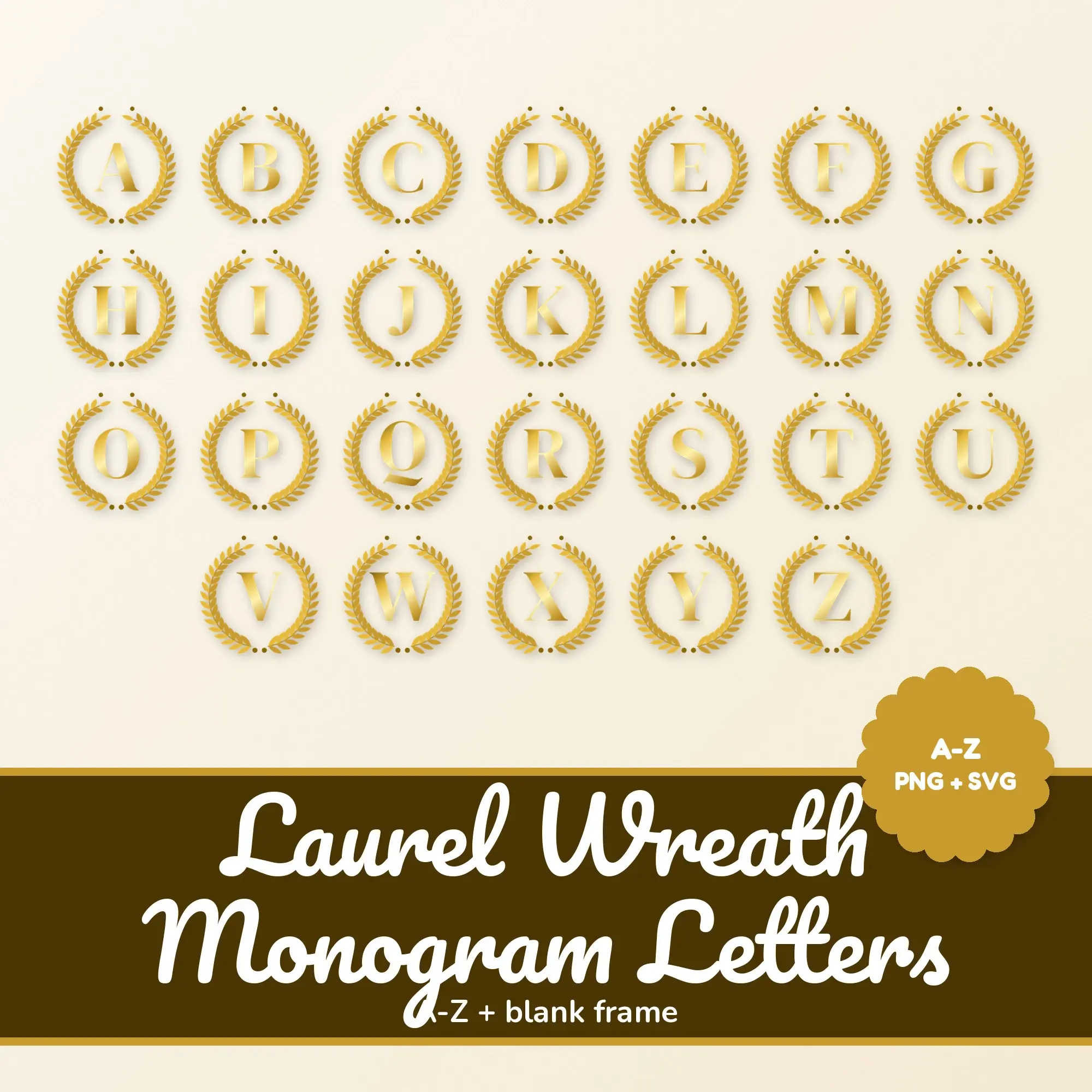 Laurel Wreath Monogram Alphabet in Gold Foil, High-Contrast Serif Initials PNG SVG preview