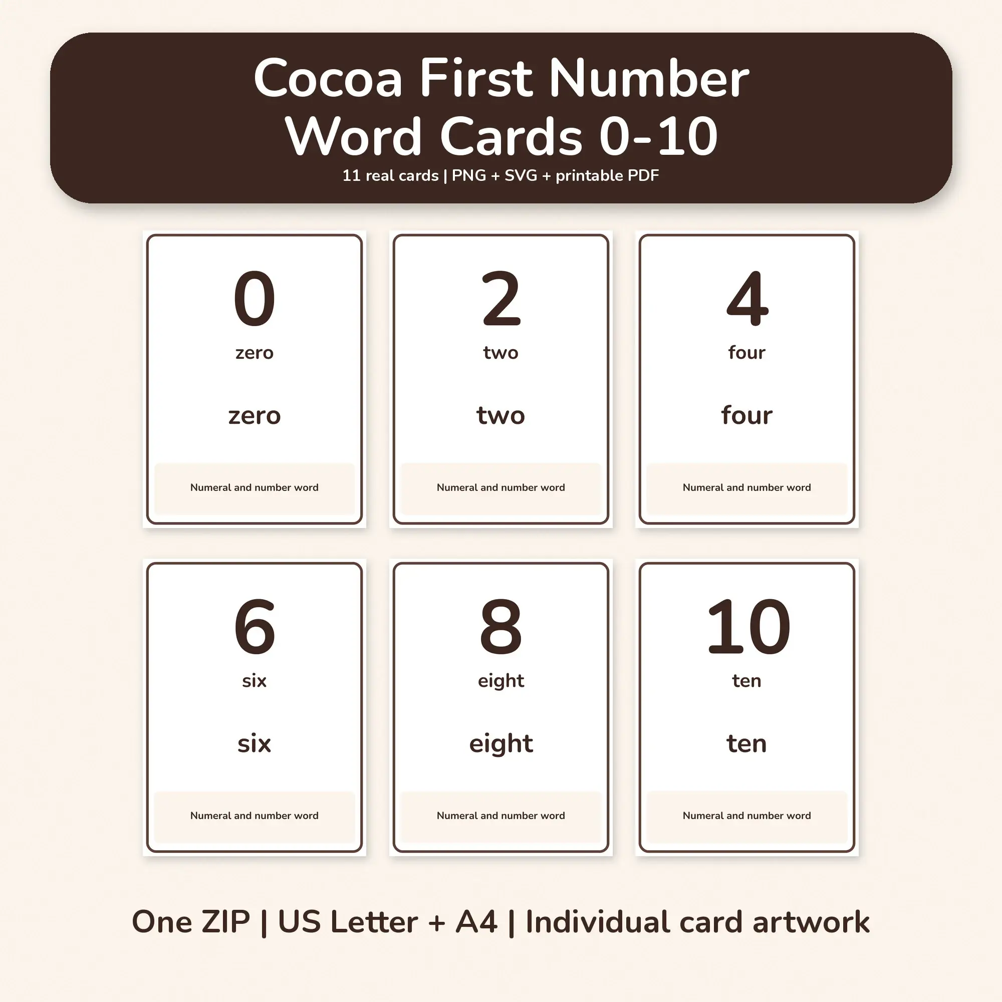 Cocoa First Number Word Cards 0-10 - PNG SVG PDF preview