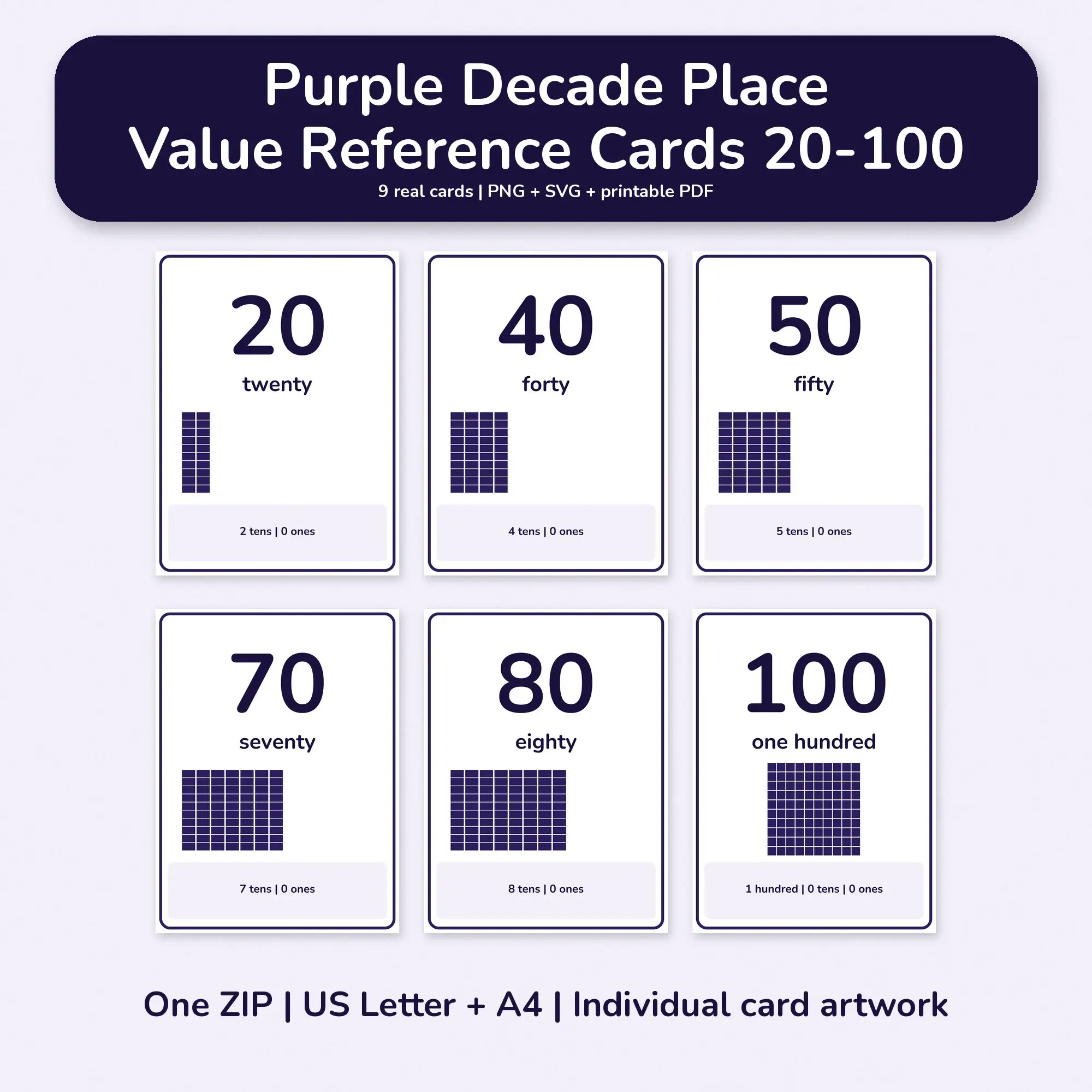 Purple Decade Place Value Reference Cards 20-100 - PNG SVG PDF preview