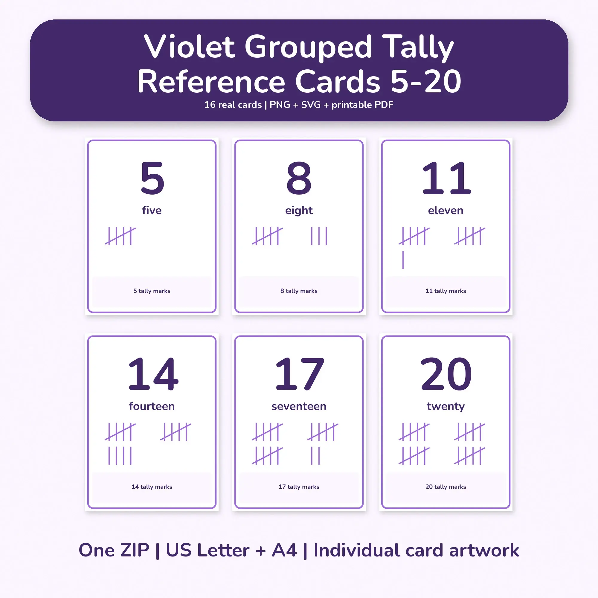 Violet Grouped Tally Reference Cards 5-20 - PNG SVG PDF preview