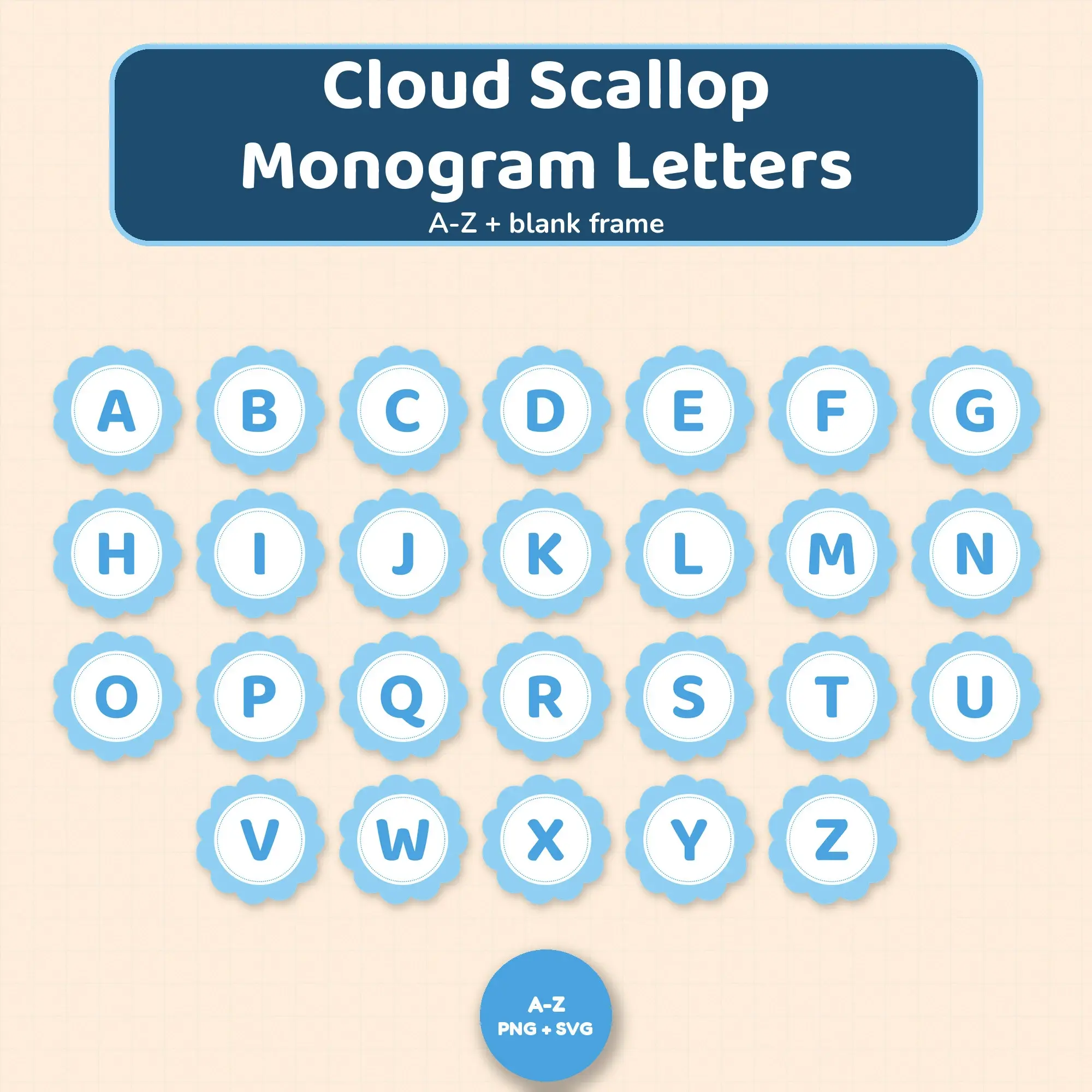 A-Z Monogram Frames: Sky and Sunshine Cloud Scallop Initials, PNG + SVG preview