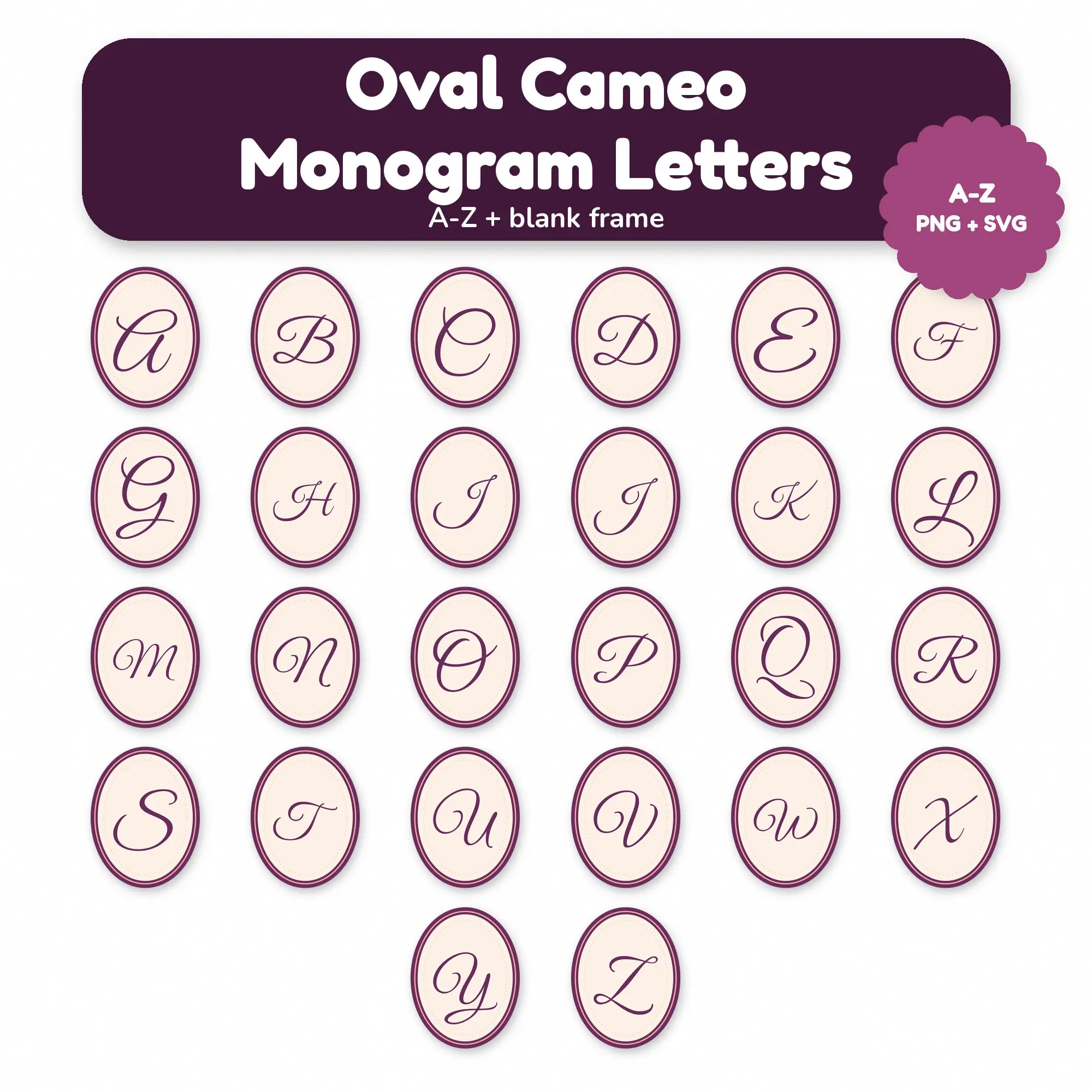 Plum and Peach Oval Cameo Monogram Letters A-Z - PNG SVG preview