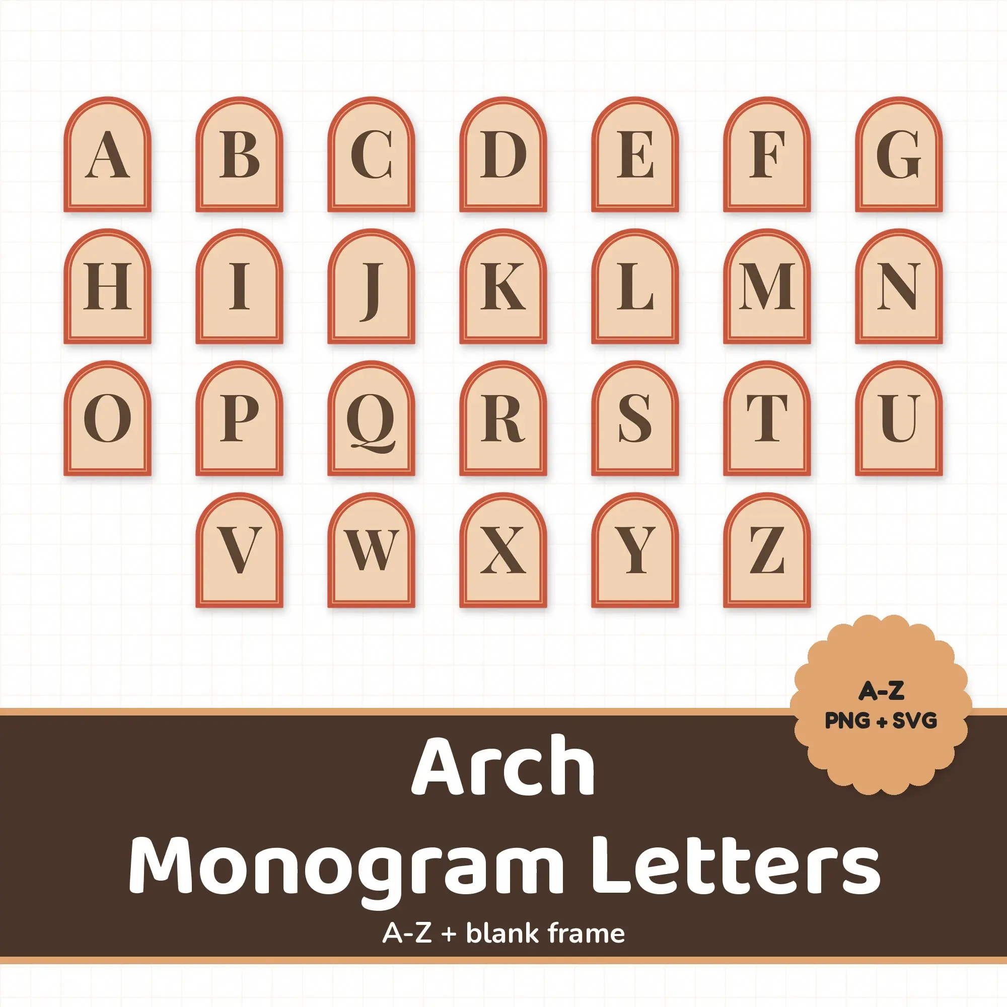 Arch Monogram Alphabet in Boho Terracotta, Classic Serif Initials PNG SVG preview