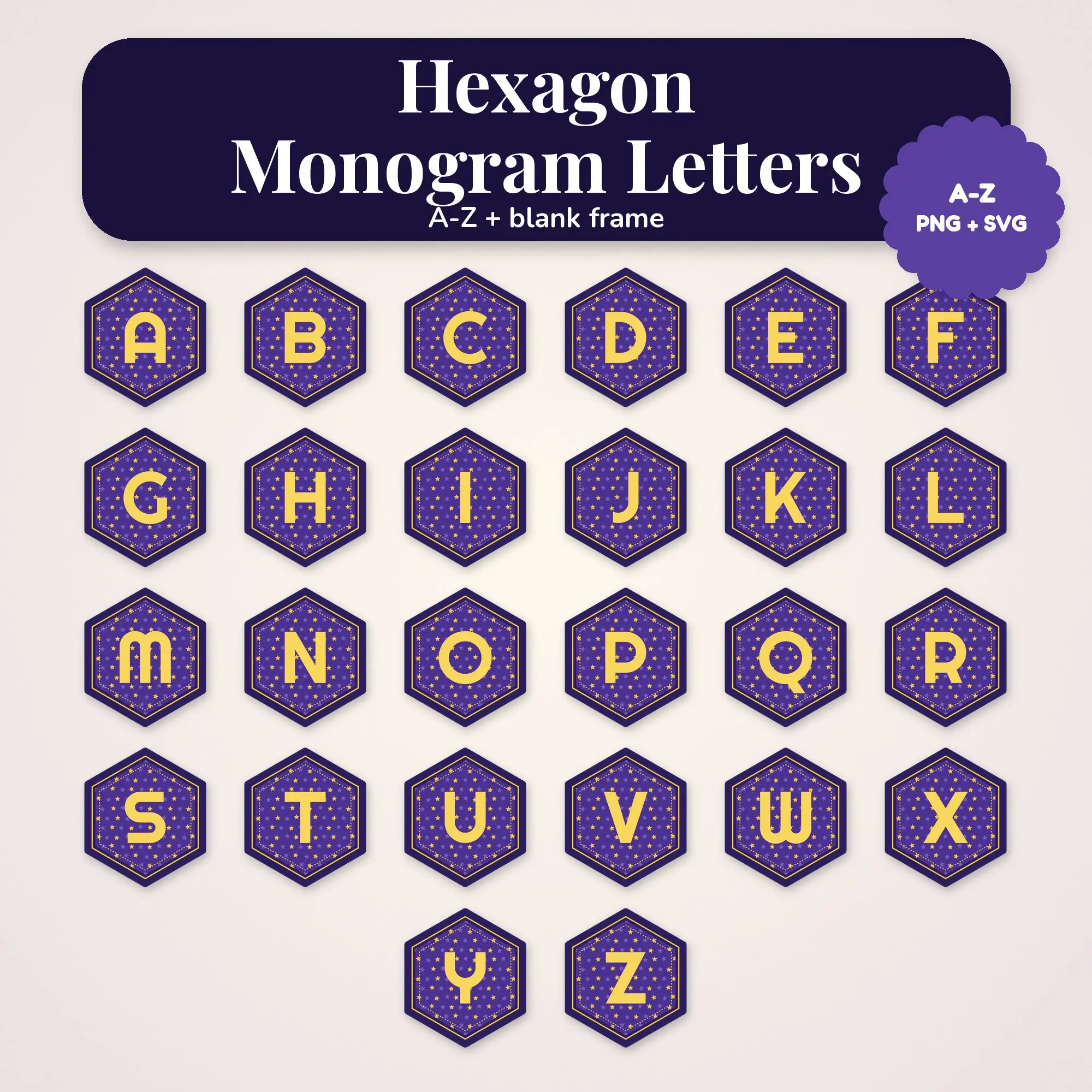 Galaxy Purple Hexagon Monogram Letters A-Z - PNG SVG preview