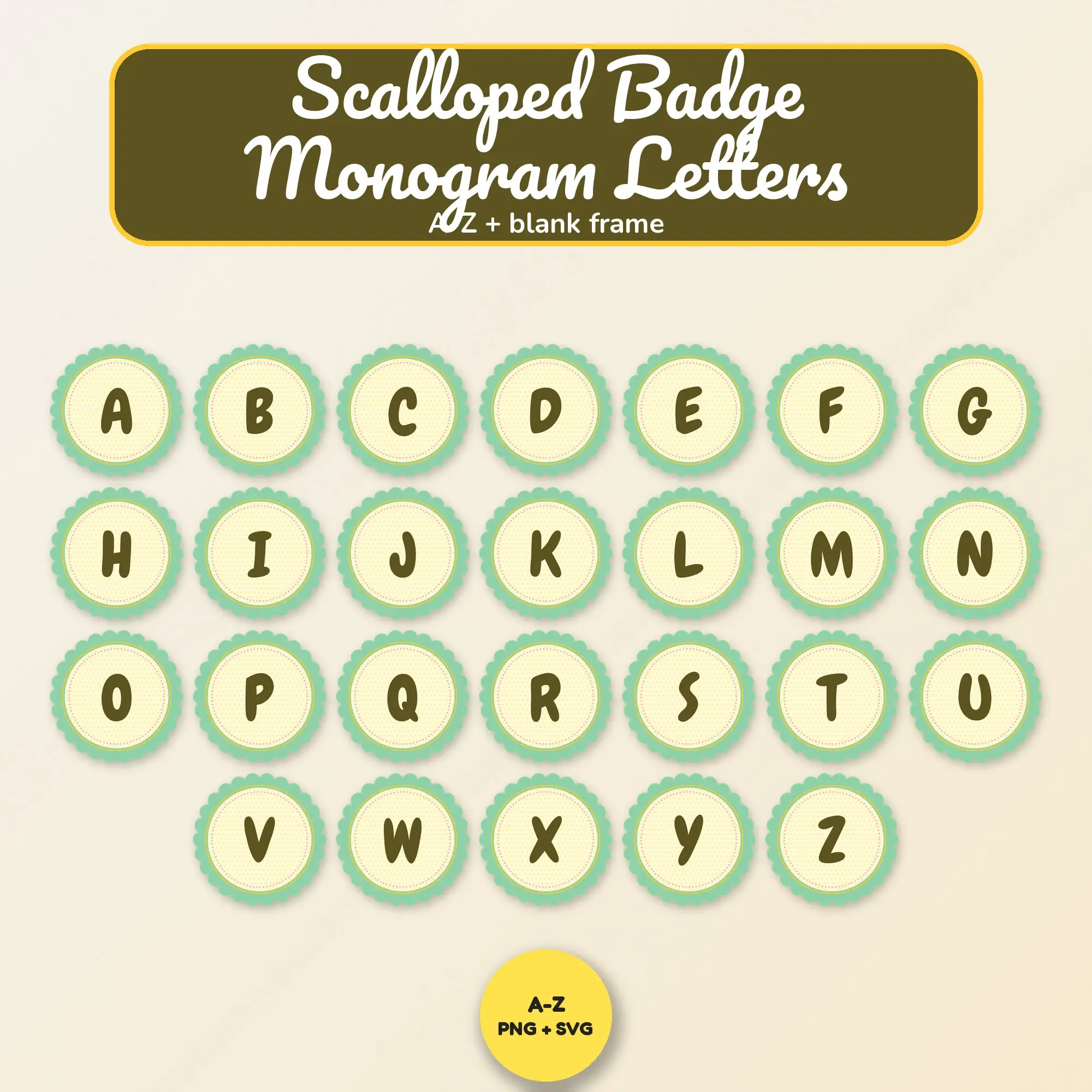 A-Z Monogram Frames: Lemonade Scalloped Badge Initials, PNG + SVG preview