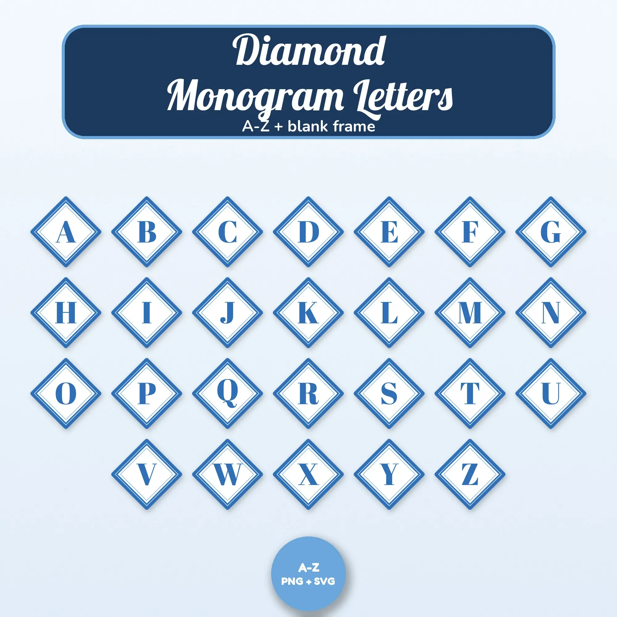 A-Z Monogram Frames: Winter Ice Blue Diamond Initials, PNG + SVG preview
