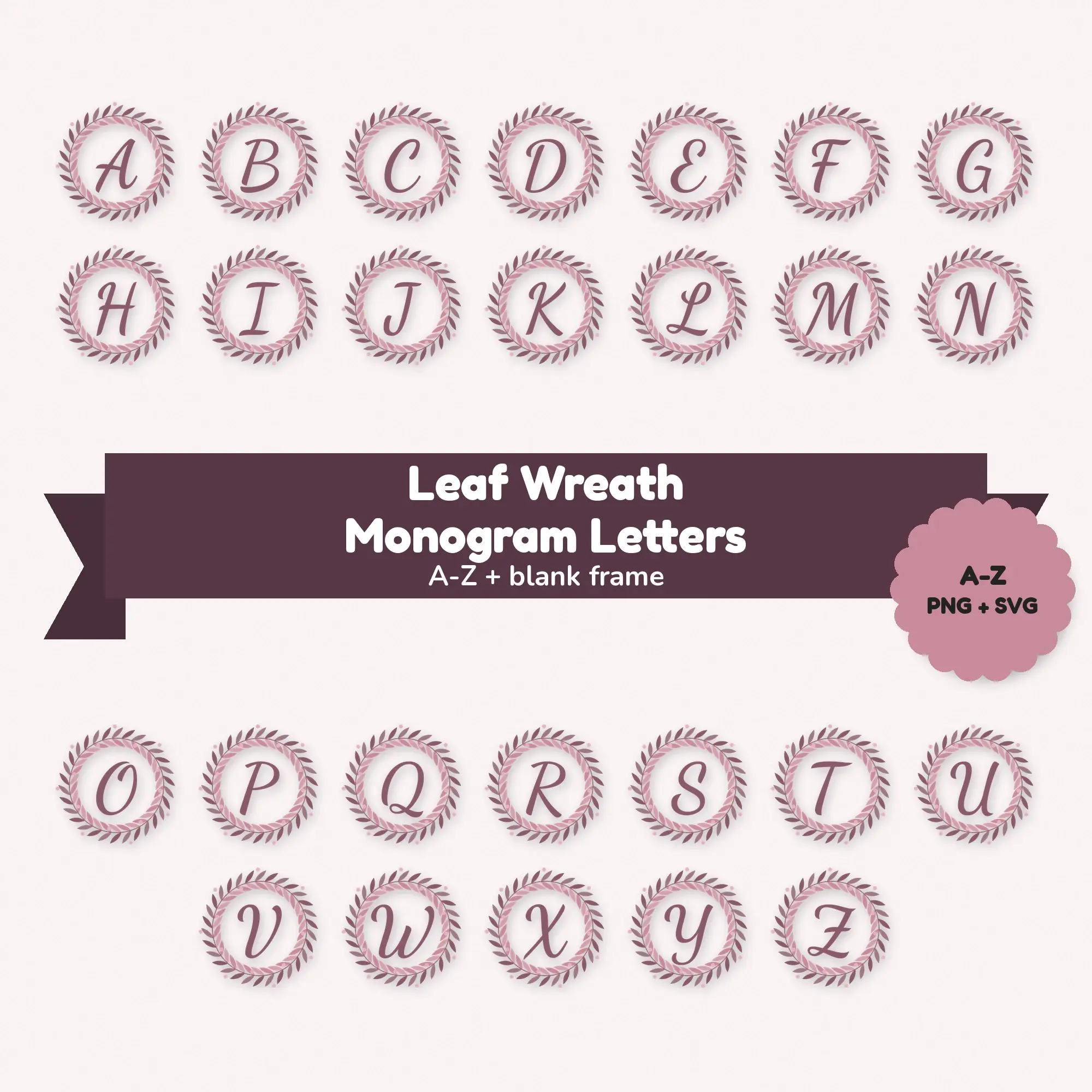 Lively Script Monogram Initials, Leaf Wreath Frame - Dusty Rose A-Z Set preview