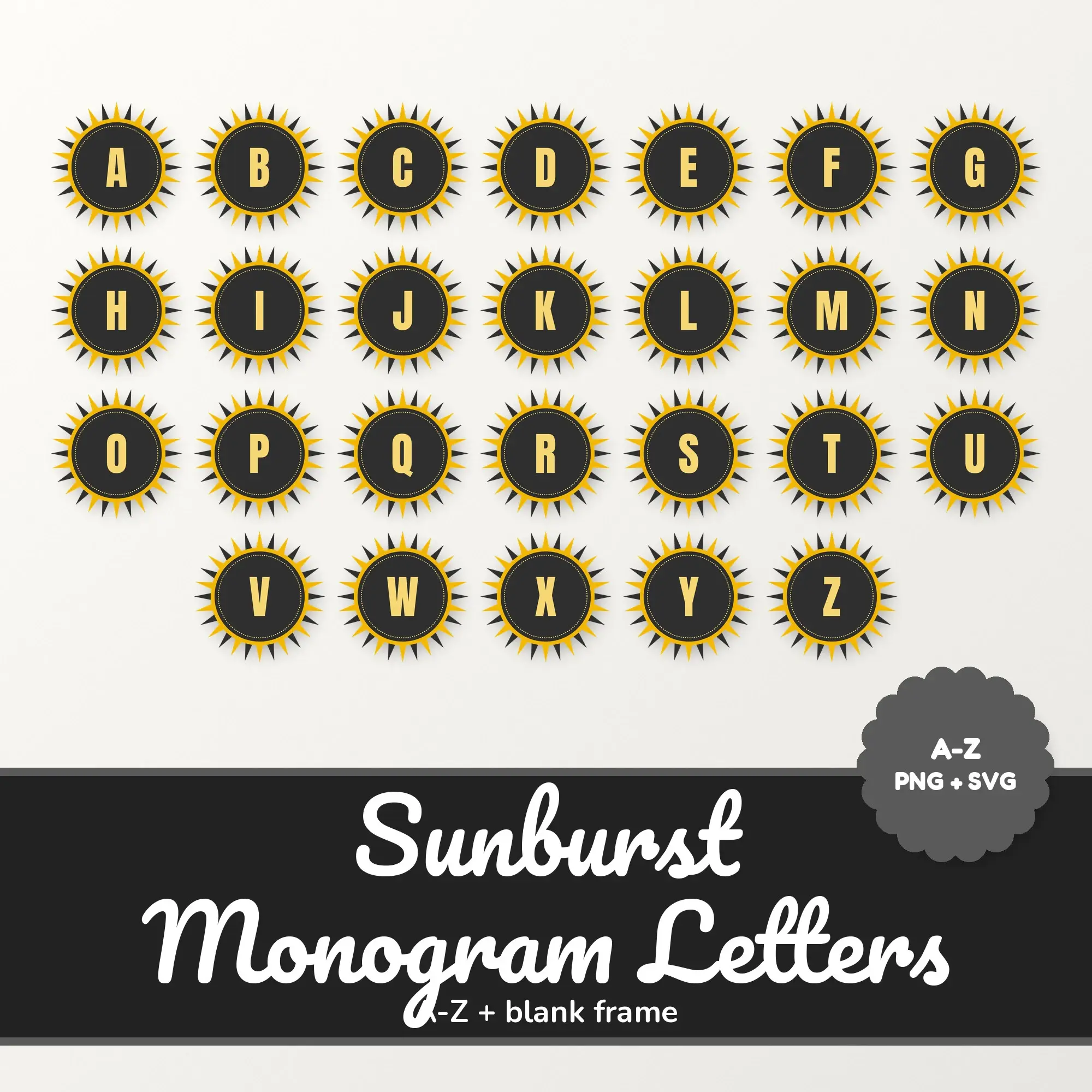 Sunburst Monogram Alphabet in Honey and Charcoal, Tall Condensed Initials PNG SVG preview