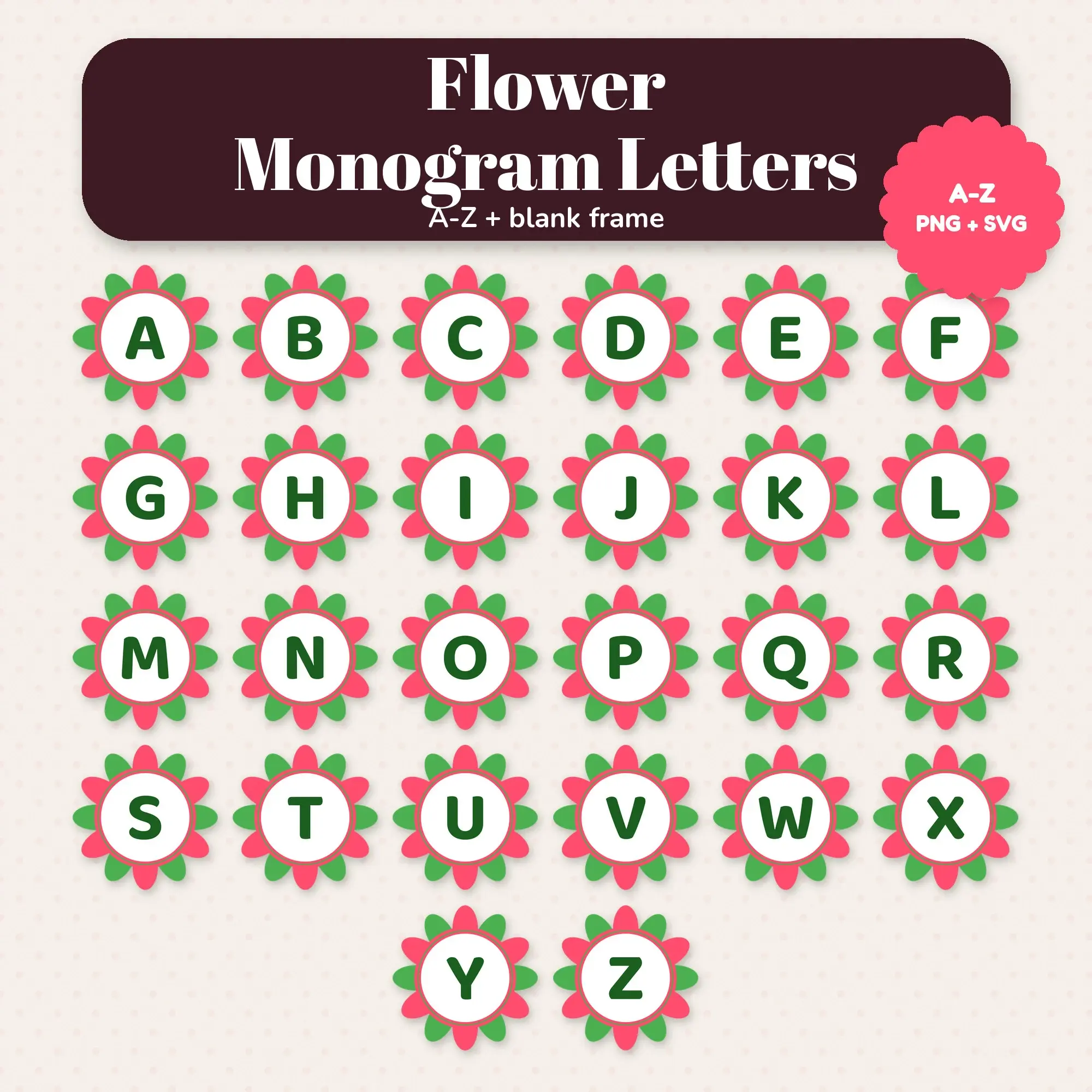 Watermelon Pop Flower Monogram Letters A-Z - PNG SVG preview