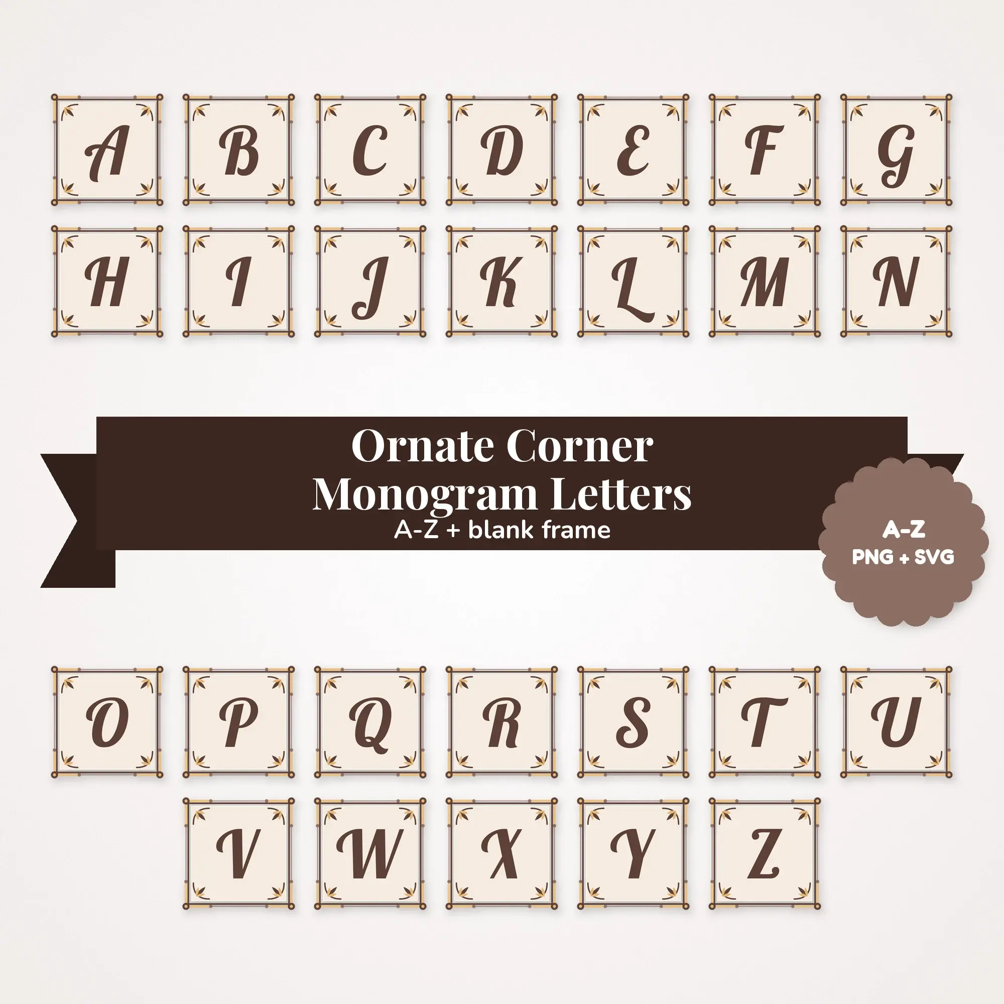 Bold Retro Script Monogram Initials, Ornate Corner Frame - Cocoa and Cream A-Z Set preview