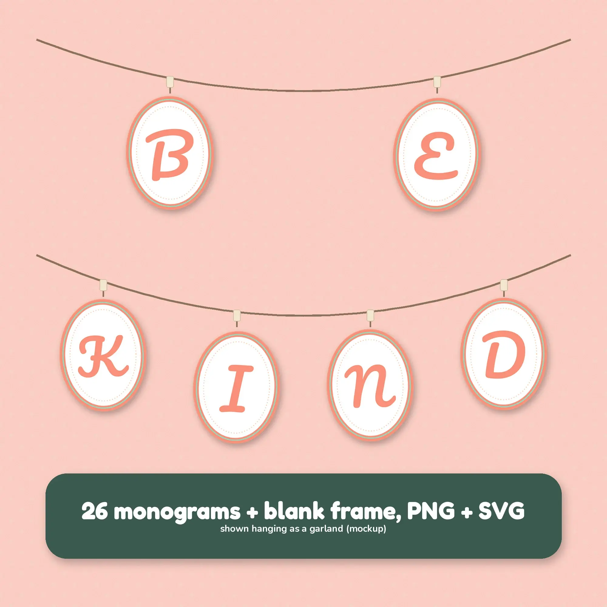 A-Z Monogram Frames: Mint and Peach Oval Cameo Initials, PNG + SVG, preview 2 of 2
