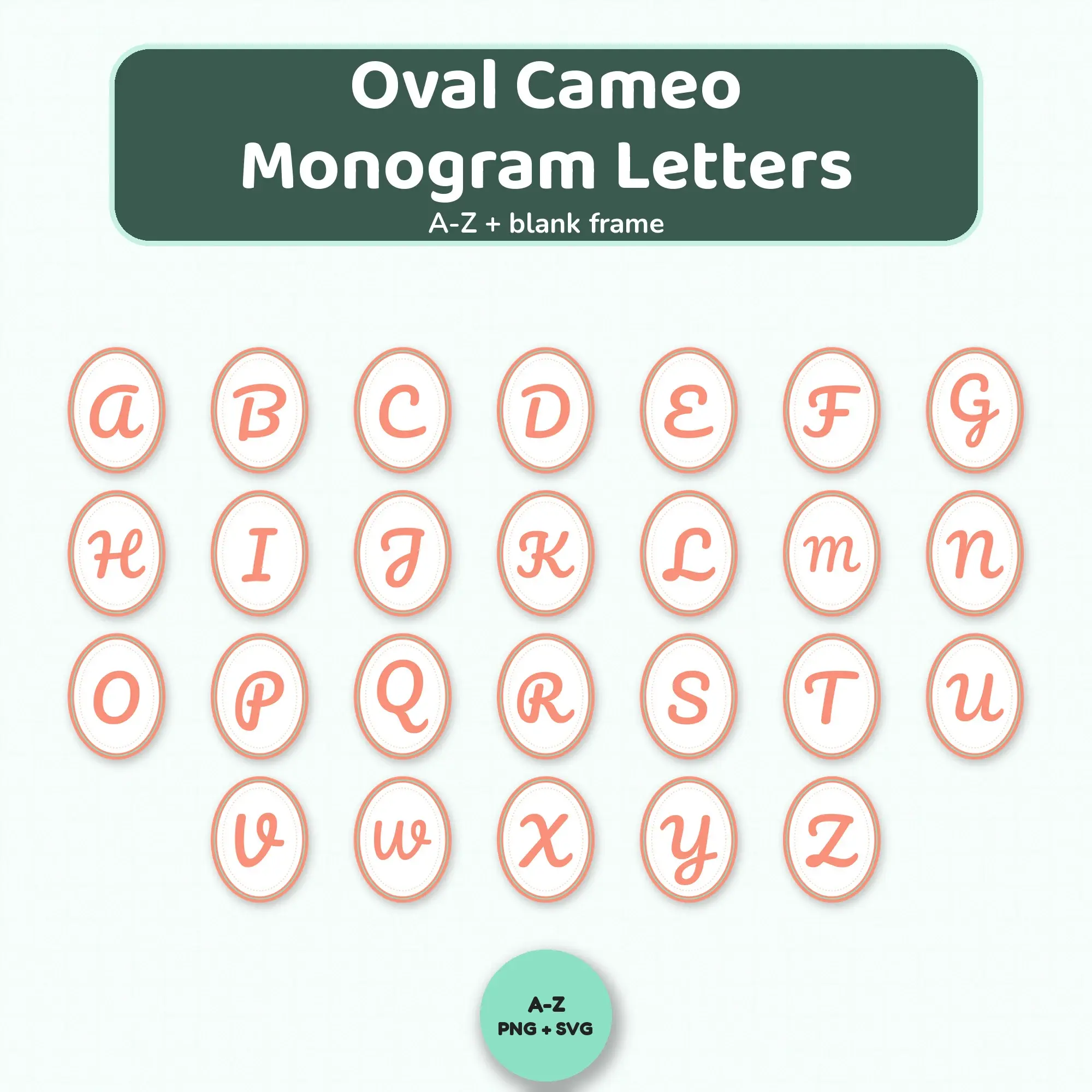 A-Z Monogram Frames: Mint and Peach Oval Cameo Initials, PNG + SVG, preview 1 of 2