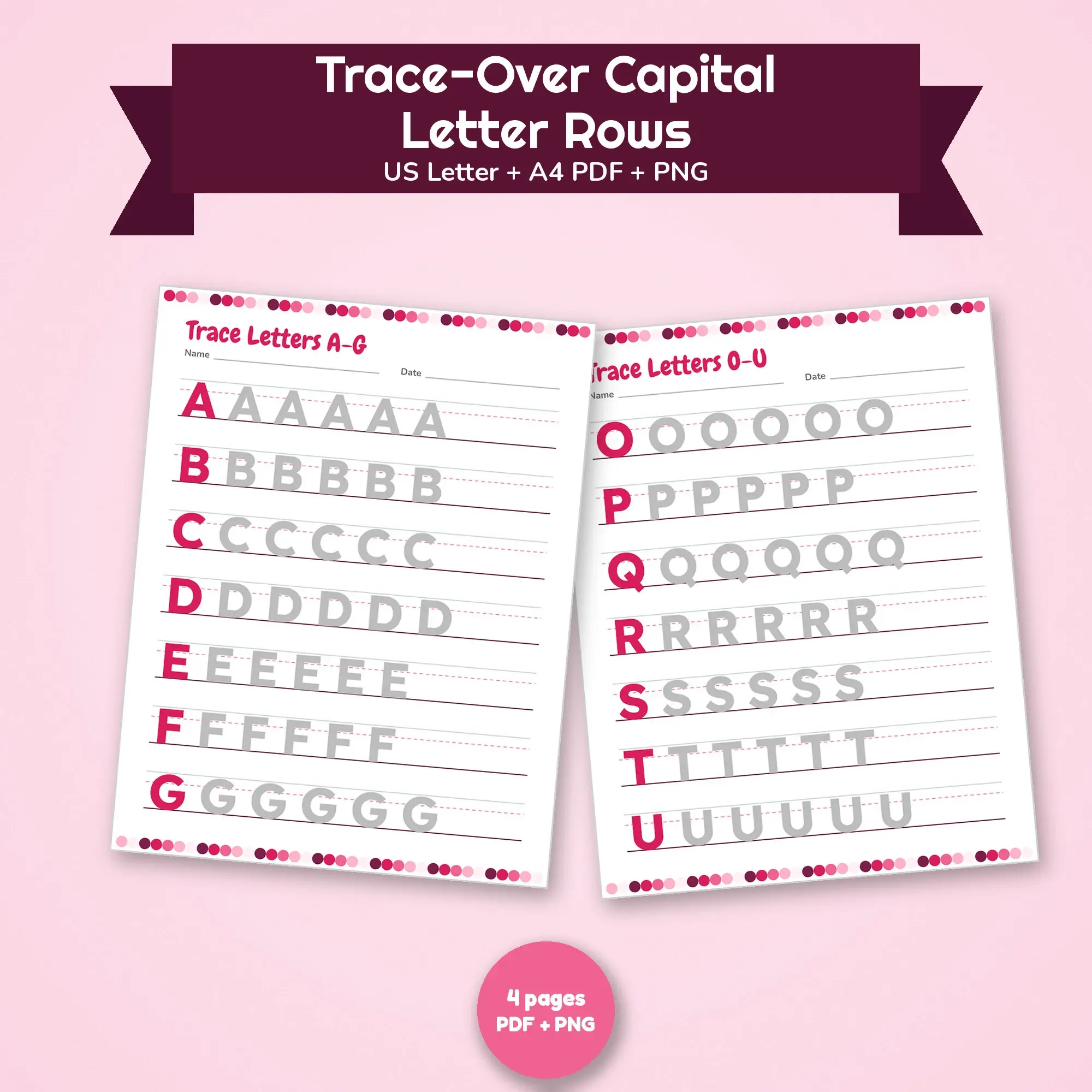 Printable Trace-Over Capital Letter Rows (Berry Pink) US Letter & A4 preview