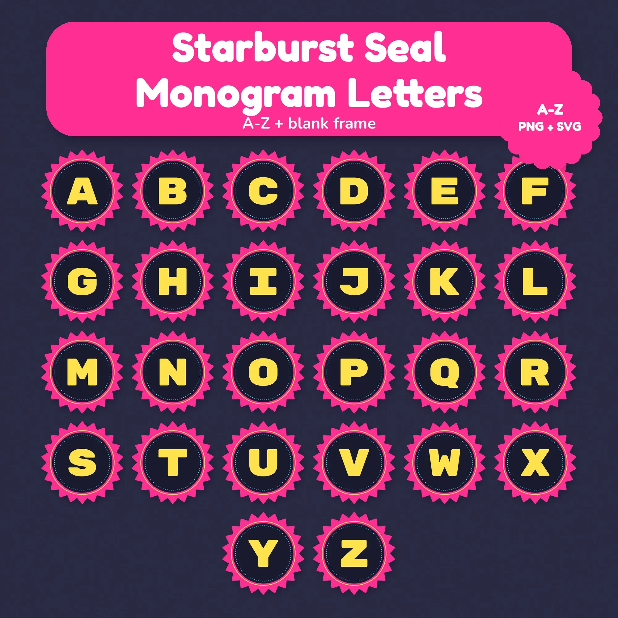 Neon Brights Starburst Seal Monogram Letters A-Z - PNG SVG preview
